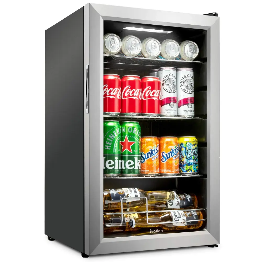 Ivation 101 Can Beverage Refrigerator, Freestanding Mini Fridge Glass Door - Stainless Alloy