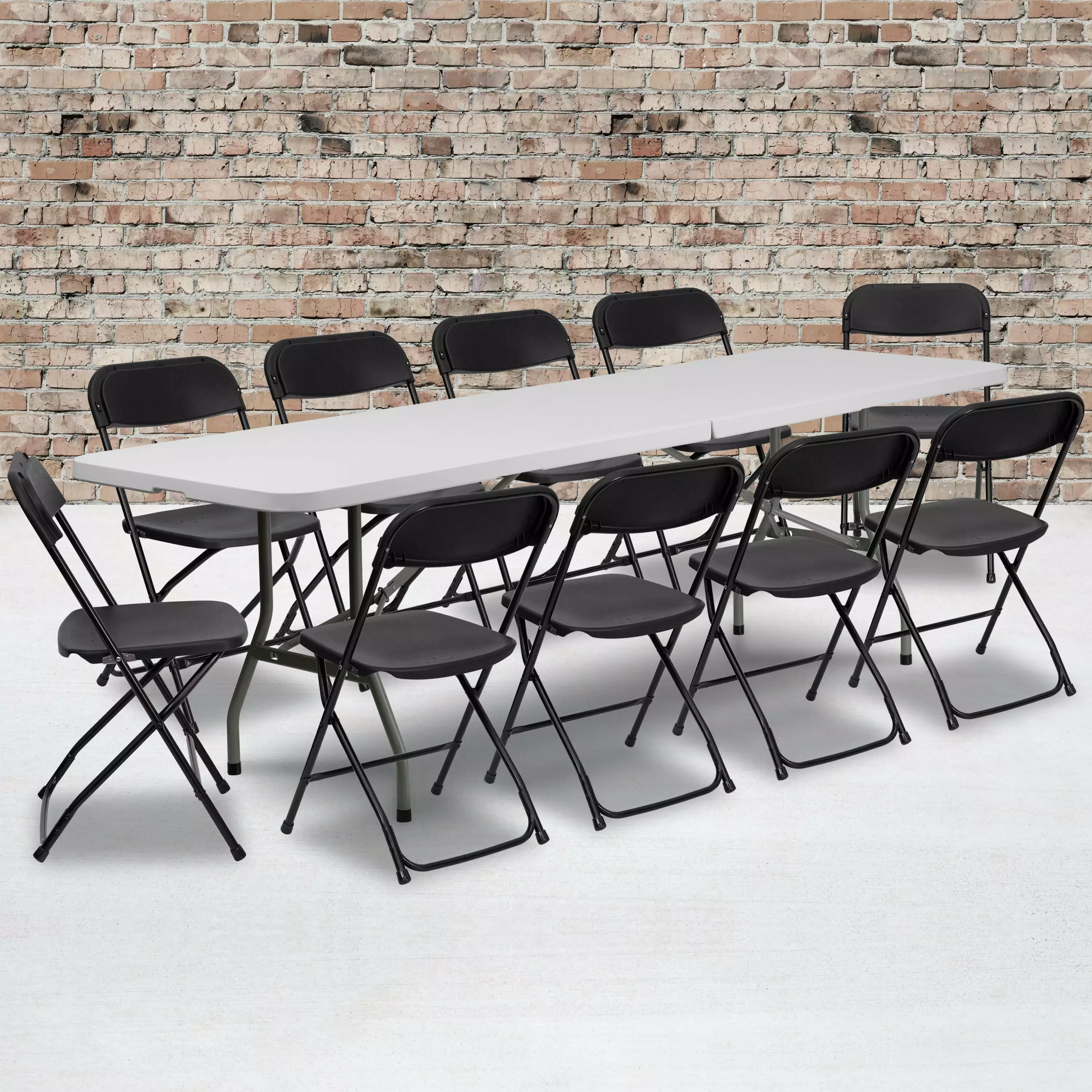 Emma + Oliver 8-Foot Bi-Fold White Plastic Event Training Folding Table Set 10 Folding Chairs Complete Package