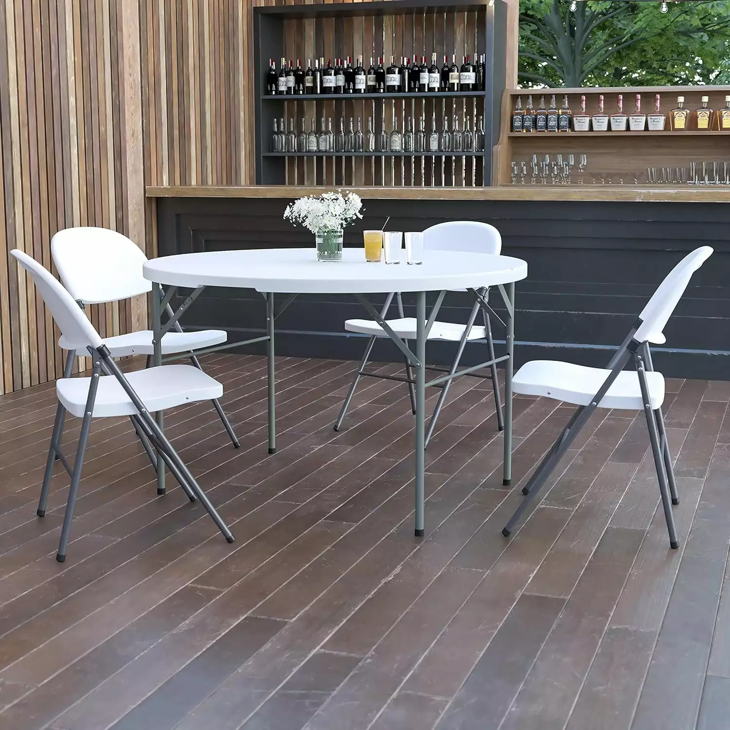 4-Foot Round Bi-Fold Granite White Plastic Event Folding Table Handle Portable Parties