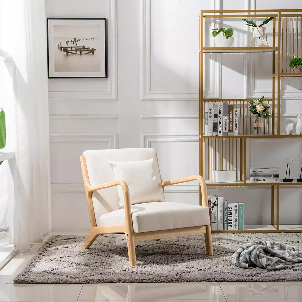 Zimtown Fabric Club Accent Chair Beige Wood Legs and Pillow