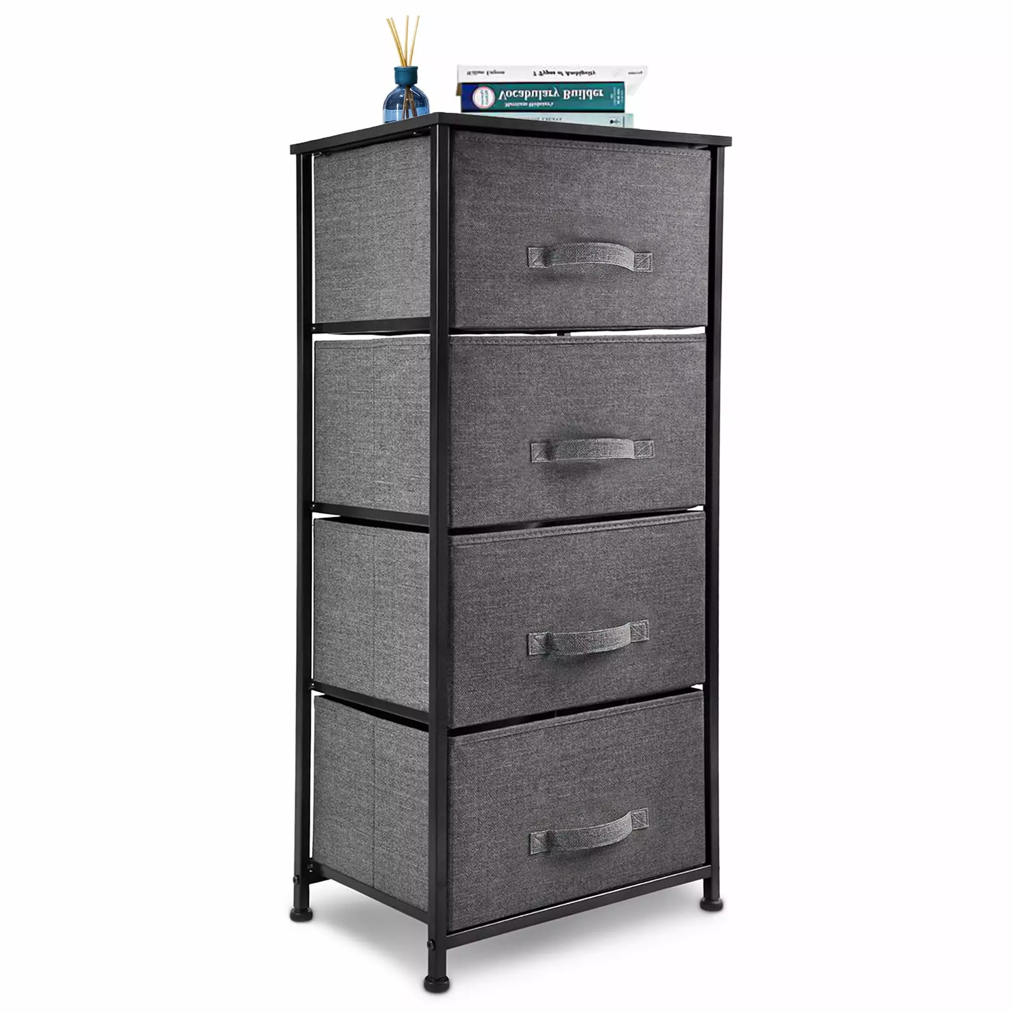 Bigroof 4-Drawer Dresser Storage Arranger Steel Frame, Wood Top and Fabric Bins Bedroom Dark Grey