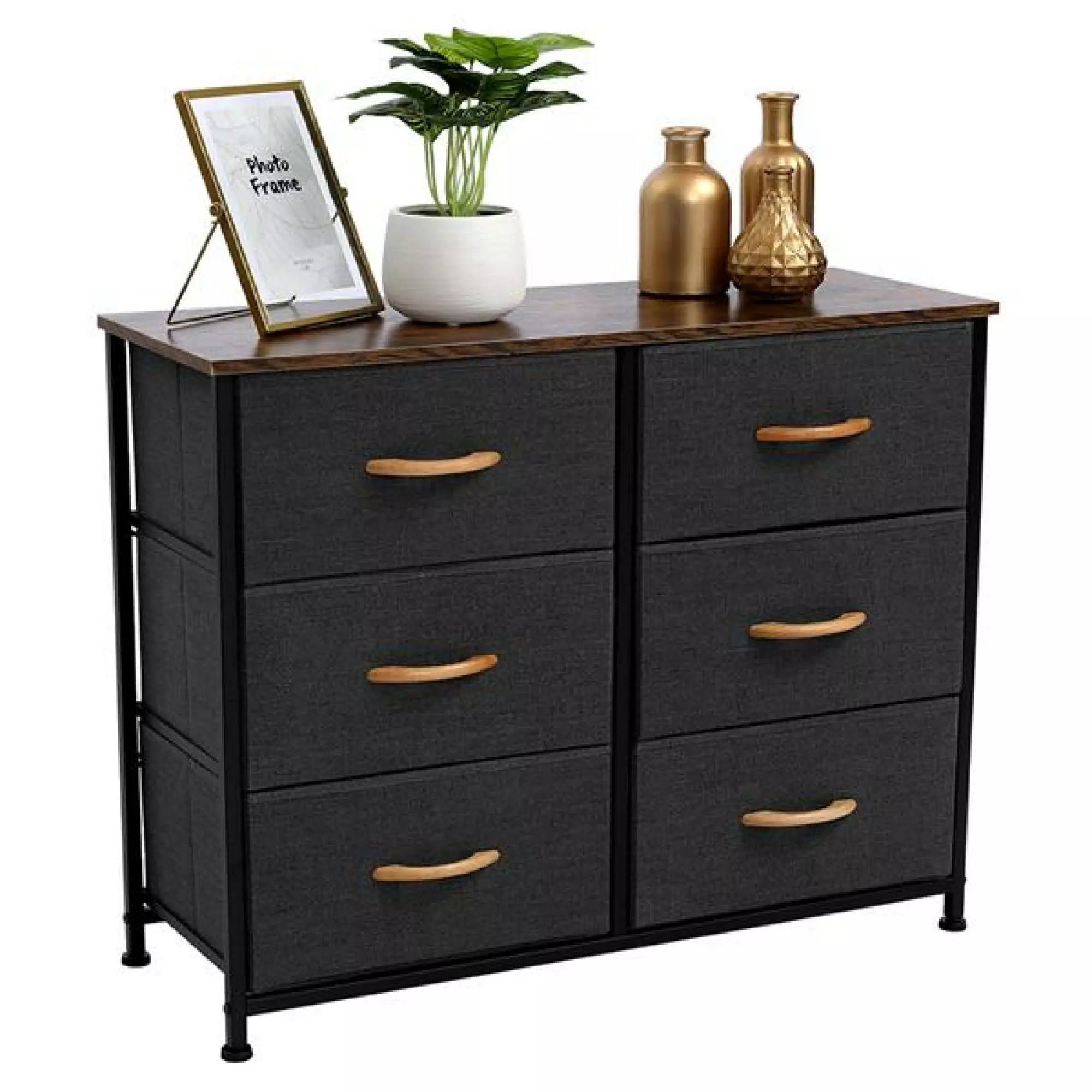 3-Tier Wide Dresser 6 Fabric Drawers, Metal Frame and Wooden Tabletop Closet, Nursery, Hallway Gray Miekor