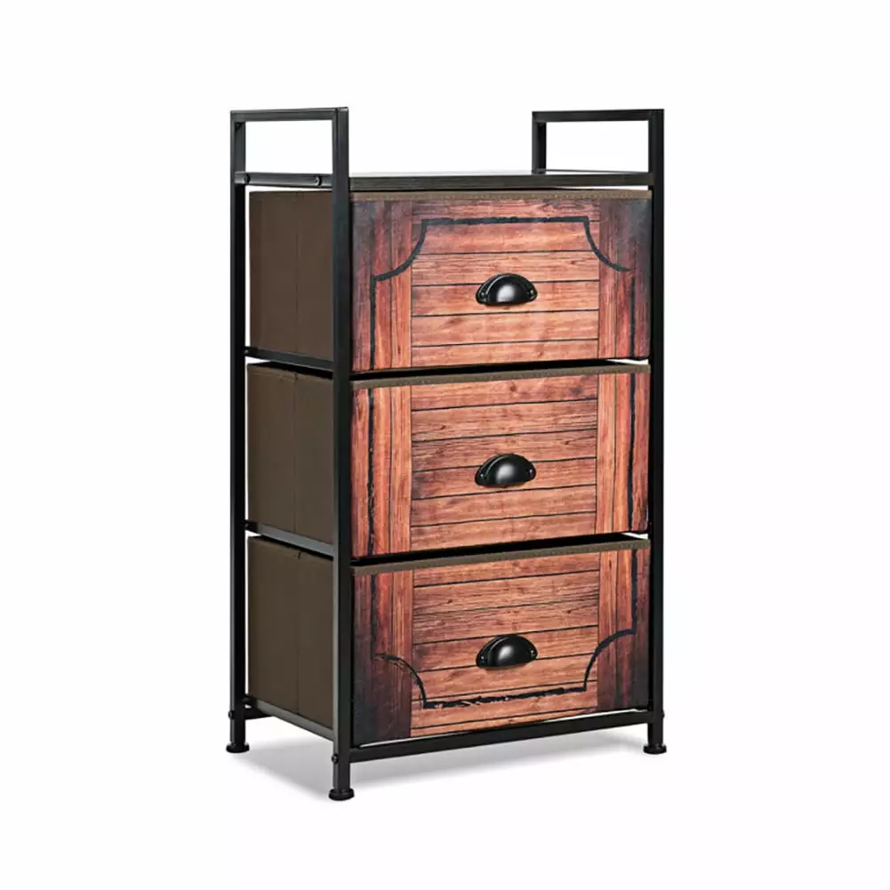 YYAo 3-Drawer Fabric Dresser Steel Frame Brown Black Bedside Table Bedroom Living Room