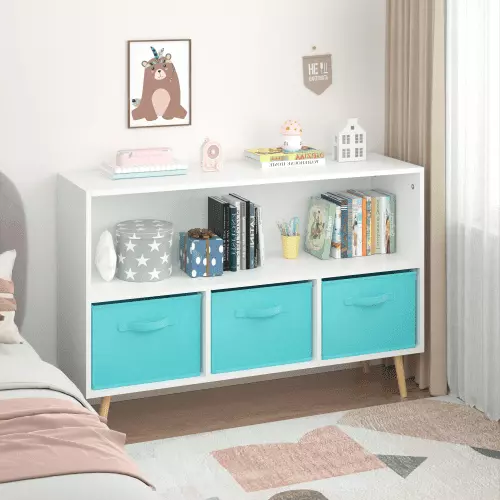 Kids Bookcase Collapsible Fabric Drawers Children's Book Display Toy Storage Cabinet Organizer White Blue Onuobao