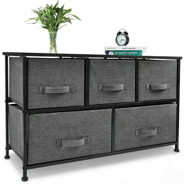 Bigroof 5 Drawer Fabric Storage Tower Dresser Bedroom Hallway Closet Steel Frame Wood Top