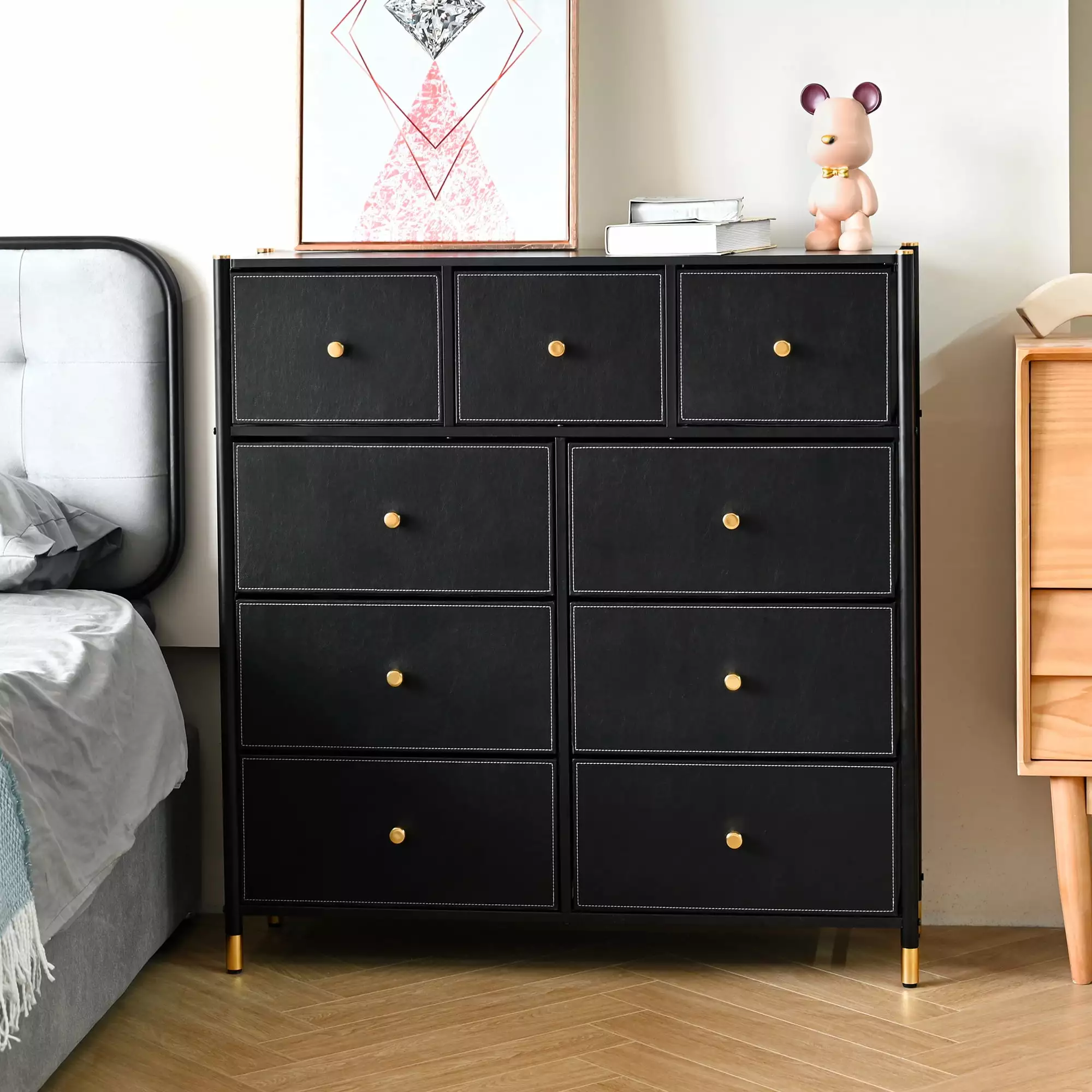 Bigroof Dresser Bedroom Fabric Storage Tower 9 Drawer Black Dresser Wood Top Sturdy Steel Frame Storage Arranger Unit Clos...