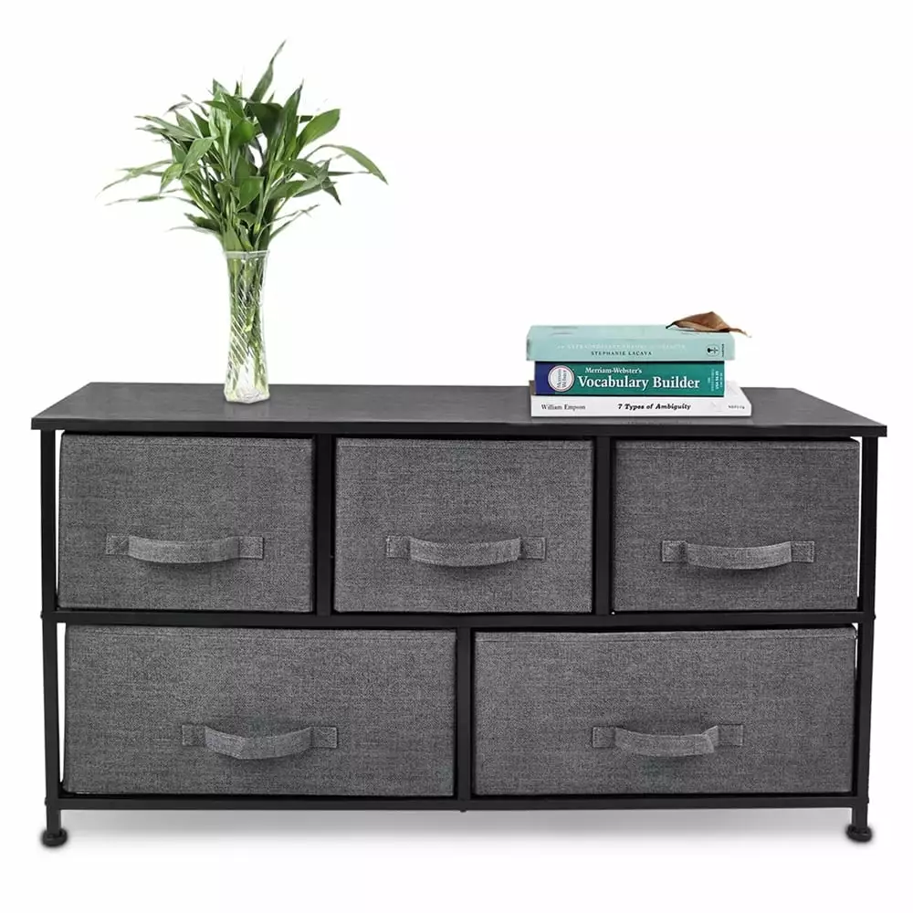 Bigroof Gray 5 Drawer Fabric Dresser Handles Bedroom Living Room Nursery Hallway
