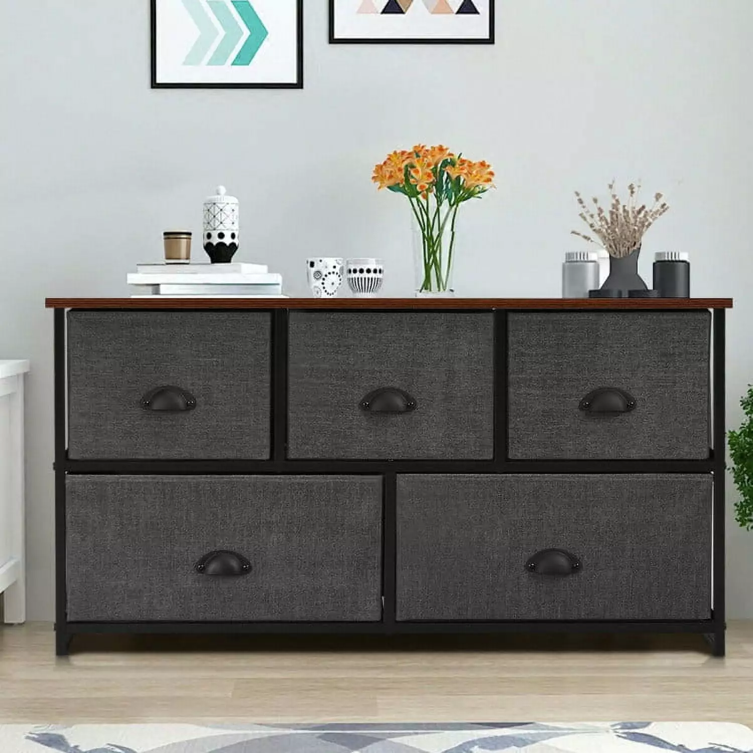 5 Drawer Fabric Vertical Dresser Storage Tower Bedroom Gray Chest Drawers Boyel Living