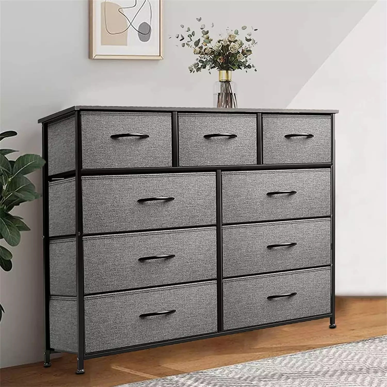 9-Drawer Tall Fabric Dresser 40 Inch Storage Unit Wide Chest Bins Bedroom Closet Entryway Brightshow