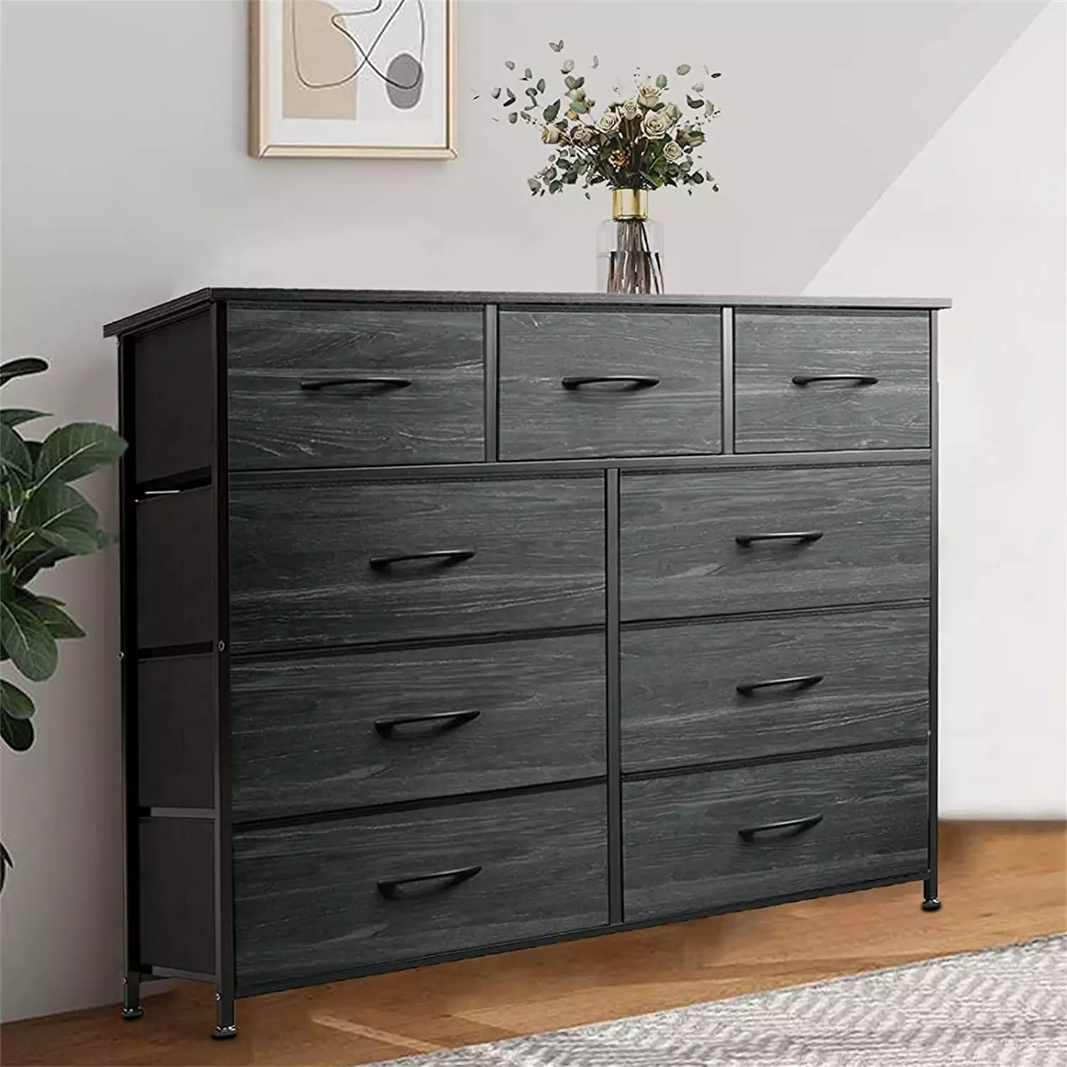 9-Drawer Tall Fabric Dresser 40 Inch Wood Grain Storage Unit Bedroom Closet Brightshow