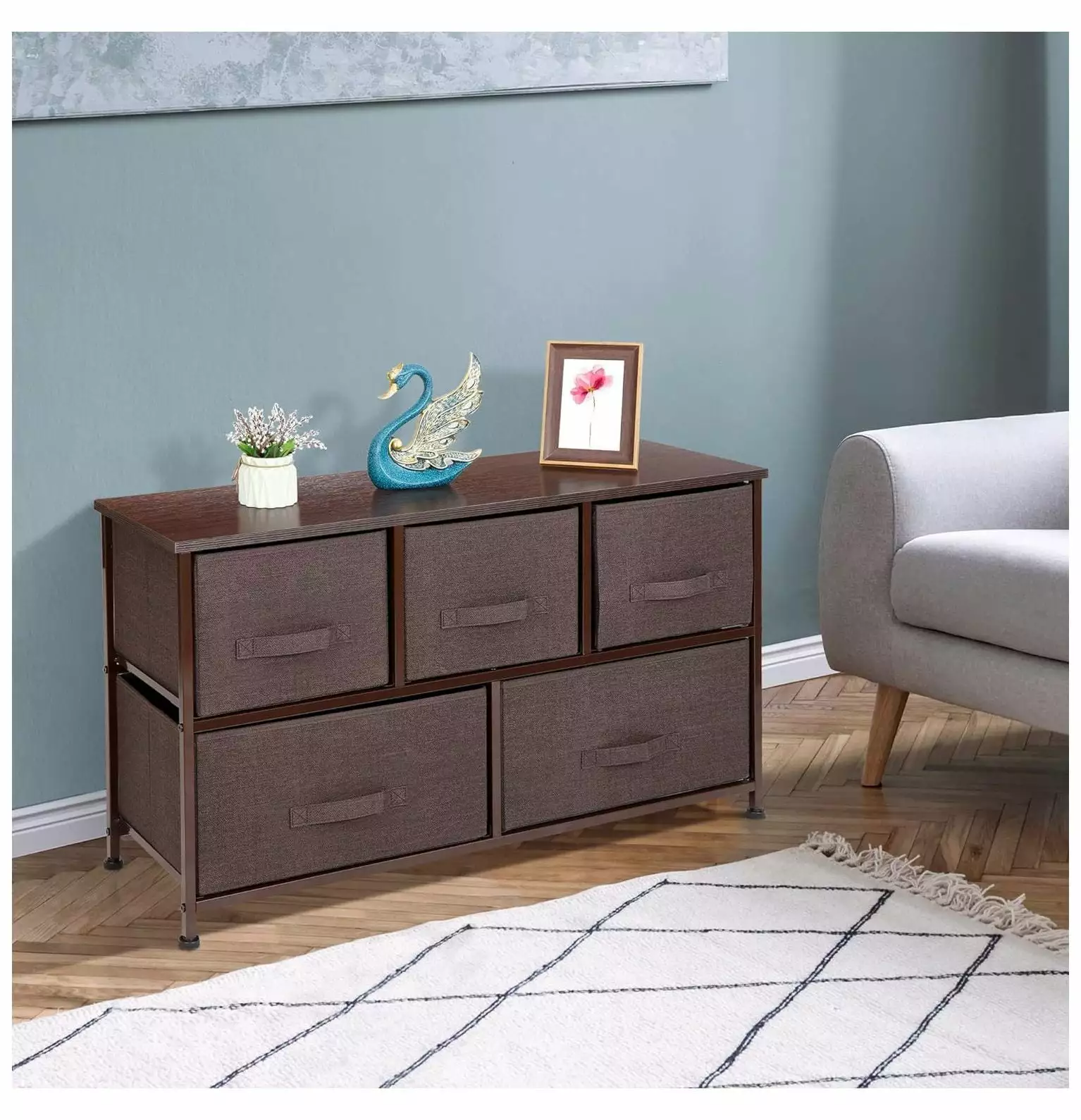CintBllTer 5 Drawer Fabric Storage Dresser Livingroom Closet Hallway Dormitory Office Brown