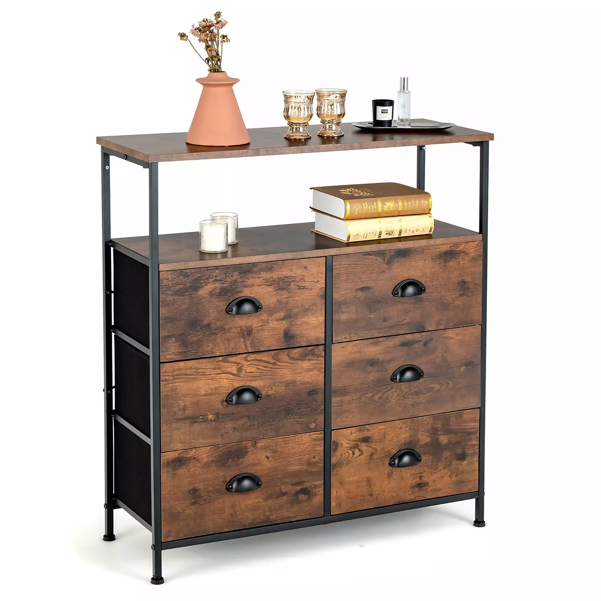 Costway 6-Drawer Dresser 2-Tier Fabric Storage Tower Wooden Top Chest Organizer