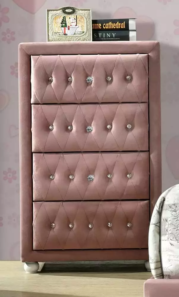 DeeHome ACME Reggie Chest - Pink Fabric Dresser Bedroom Storage