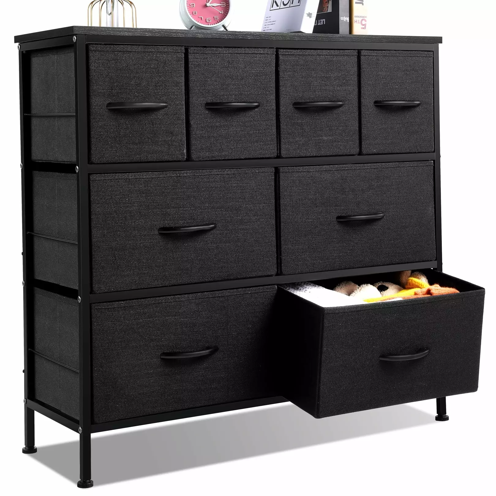Devo 3-Tier 8 Drawer Dresser Chest Bedroom Cationic Fabric Drawers and Wood Top Storage