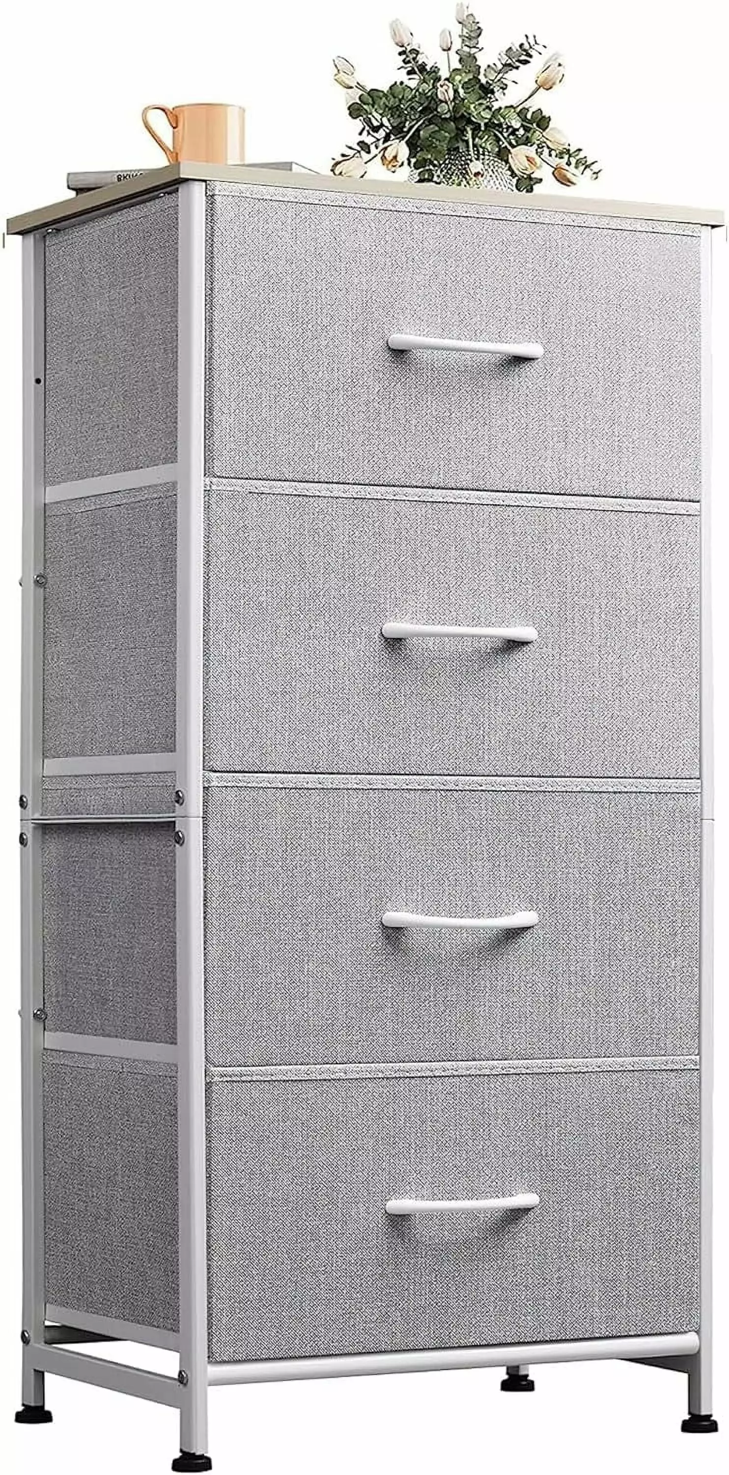 4-Drawer Fabric Storage Dresser Wood Top and Sturdy Steel Frame - Easy Pull Handles Arranger Unit Bedroom, Hallway, Entryw...