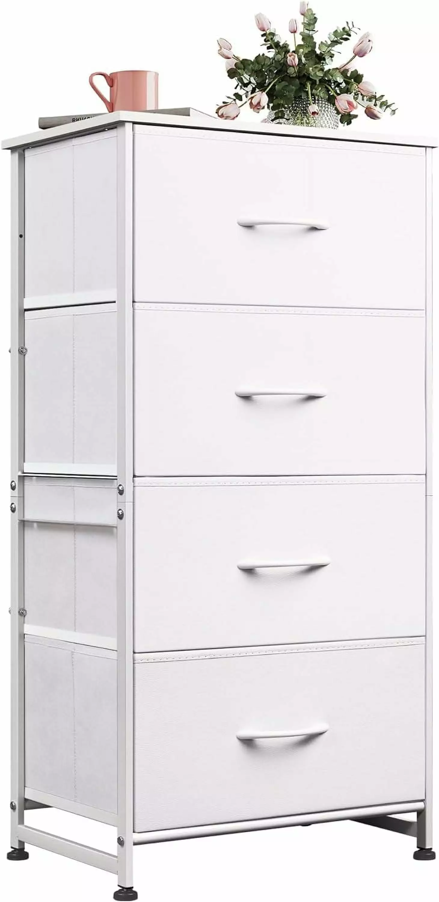 4-Drawer Fabric Storage Dresser Wood Top and Sturdy Steel Frame - Easy Pull Handles Arranger Unit Bedroom, Hallway, Entryw...