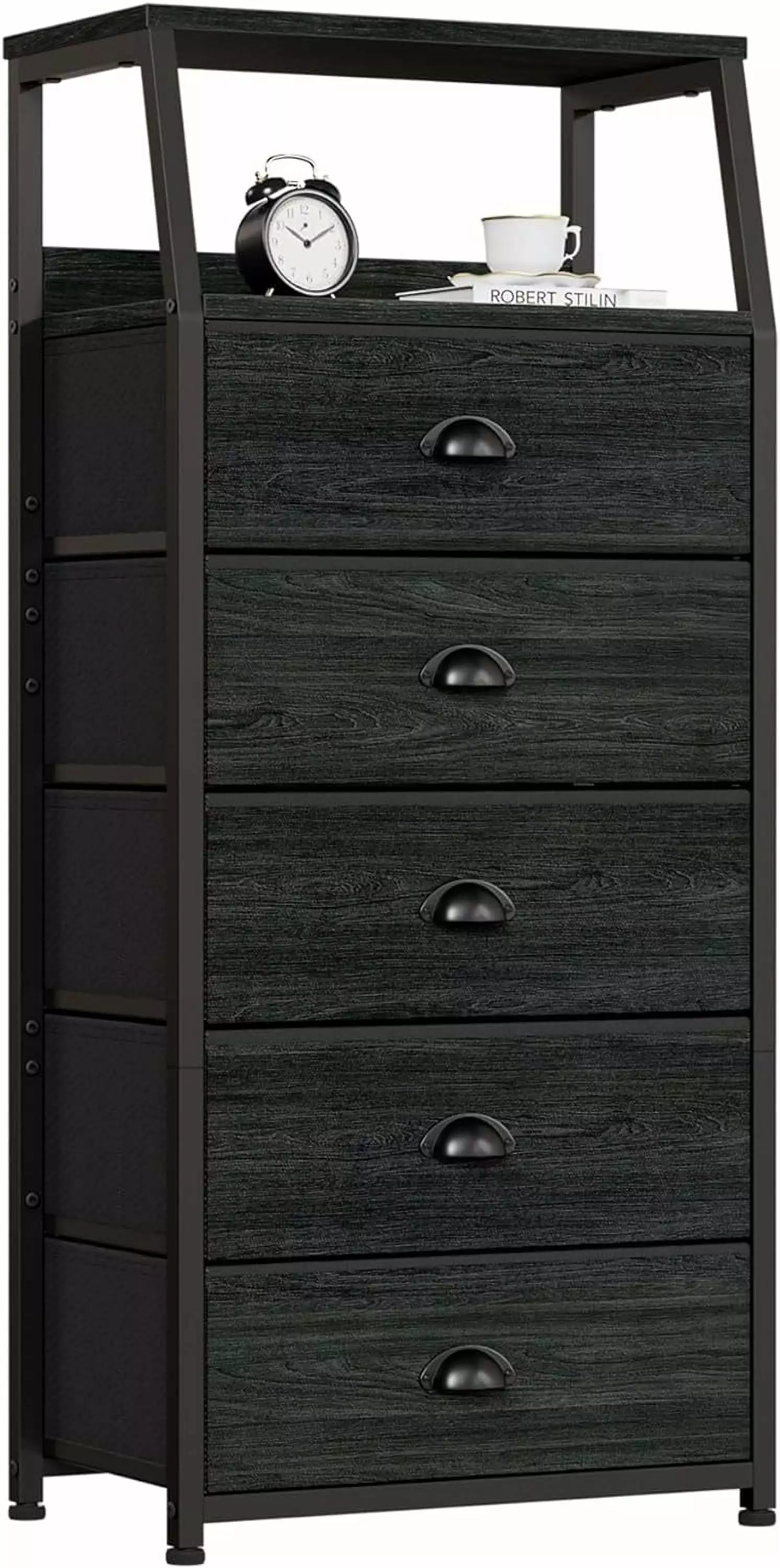 5-Drawer Vertical Fabric Storage Dresser Wood Top - Sturdy Steel Frame Bedroom, Hallway, Entryway, Nursery, Closet - Black...