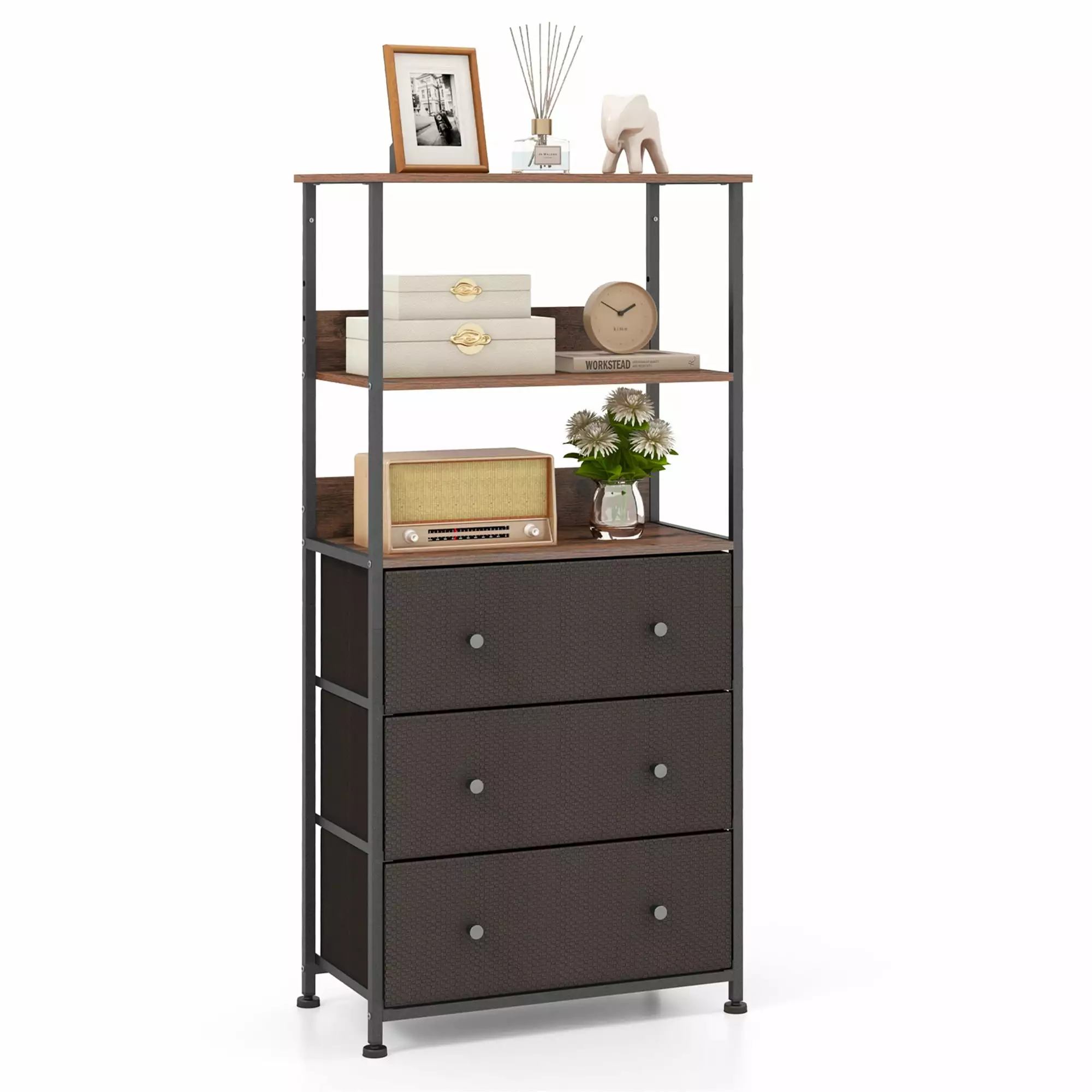Gymax 3 Drawer Dresser Open Shelves - Vertical Fabric Storage Unit Metal Frame