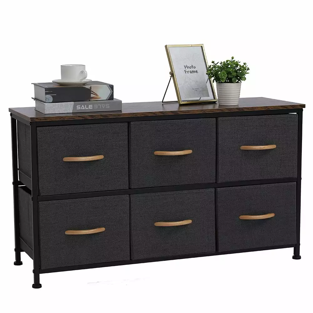 GZXS 3-Tier Wide Drawer Dresser Storage Unit 6 Easy Pull Fabric Drawers Metal Frame Wooden Tabletop Gray