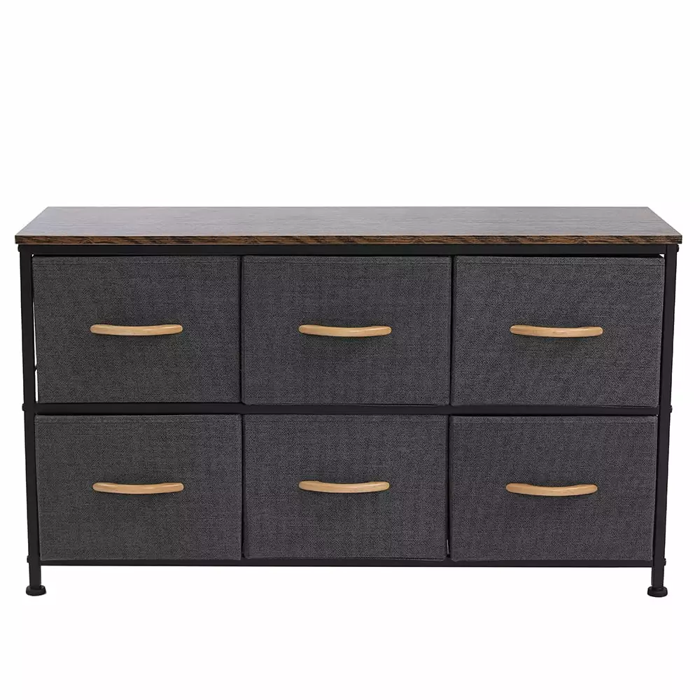 GZXS 3-Tier Wide Drawer Dresser Storage Unit 6 Easy Pull Fabric Drawers Metal Frame Wooden Tabletop Gray