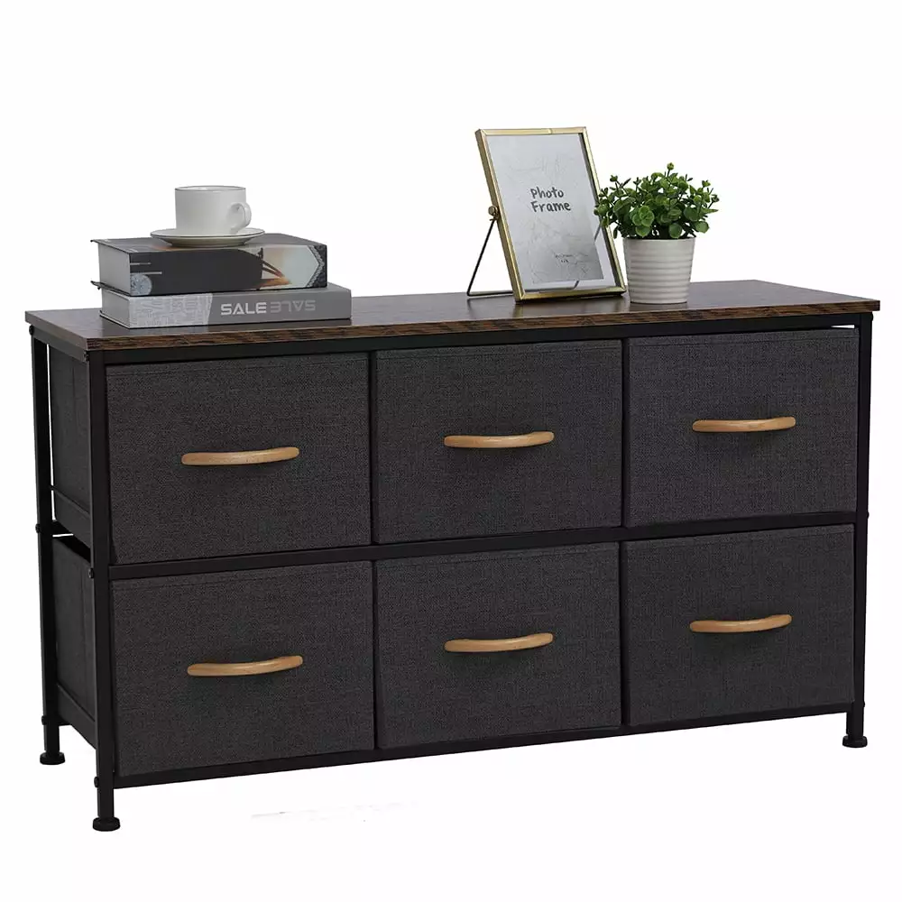 Gzxs 3-Tier Wide Drawer Dresser Storage Unit 6 Easy Pull Fabric Drawers Metal Frame Wooden Tabletop Gray