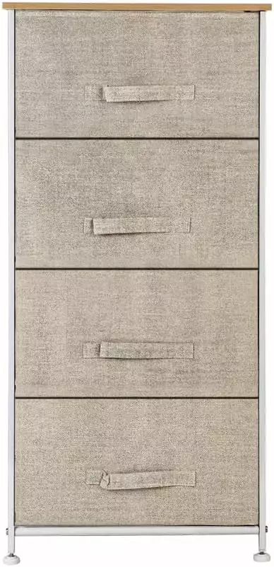 Storage Cabinets 4-Tier Dresser Tower Fabric Drawer Arranger 4 Easy Pull Drawers Metal Frame Wooden Tabletop LIUNU