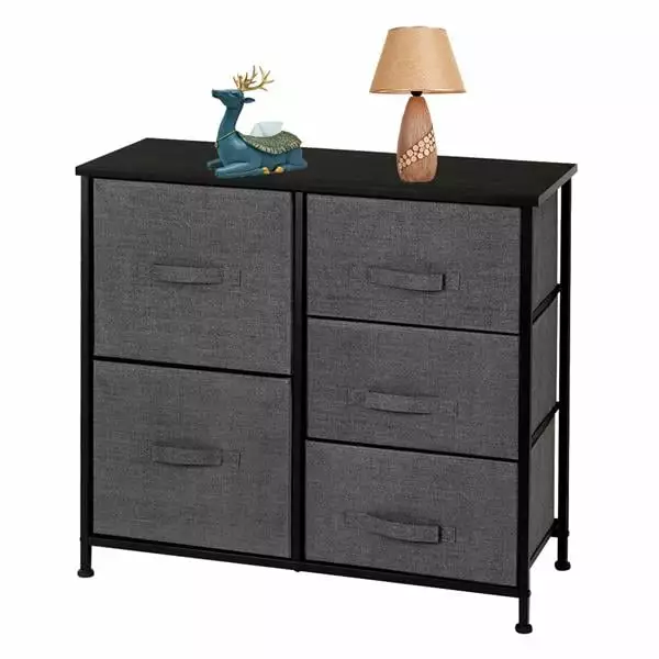 5-Drawer Fabric Dresser Tower - Space Saving Storage Organizer Bedroom Hallway Entryway Closets - Grey Qjuhung