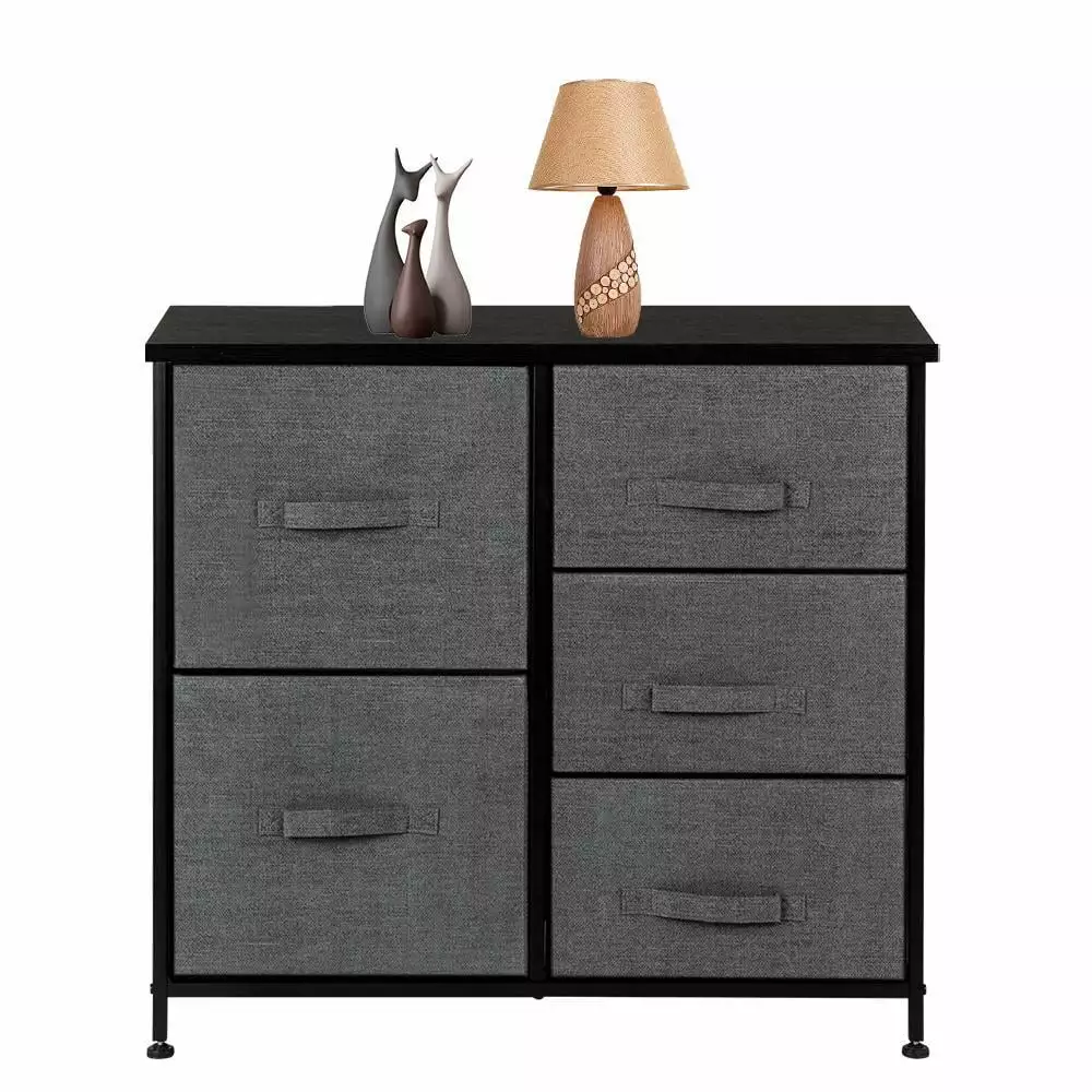 Tcbosik 5 Drawers Fabric Dresser Wide Storage Tower Easy Pull Handle Closets Living Room Nursery Hallway Grey