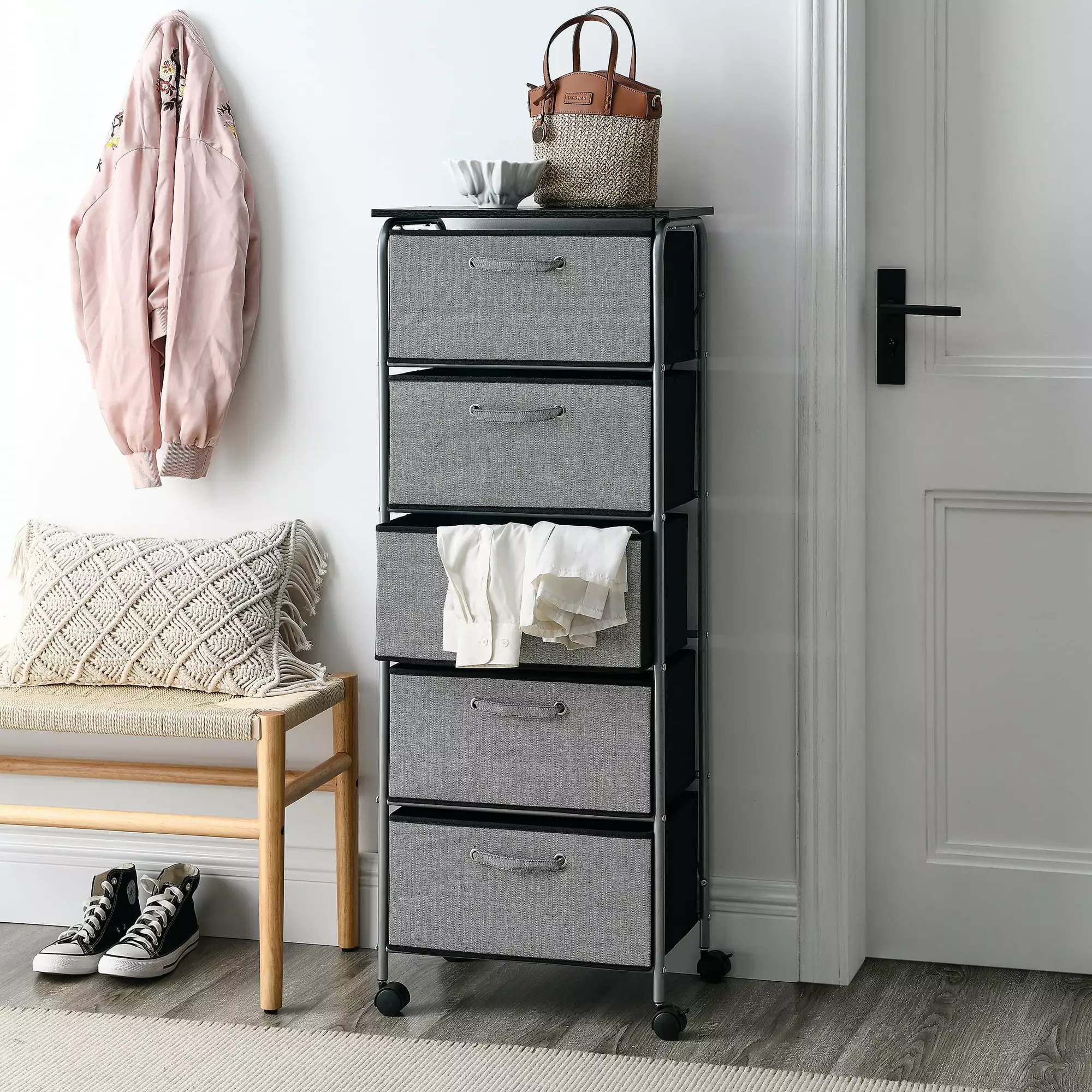 Fabric Dresser 5 Drawers Vertical Storage Tower MDF Top Living Room Closet Hallway Gray WISPAUSU