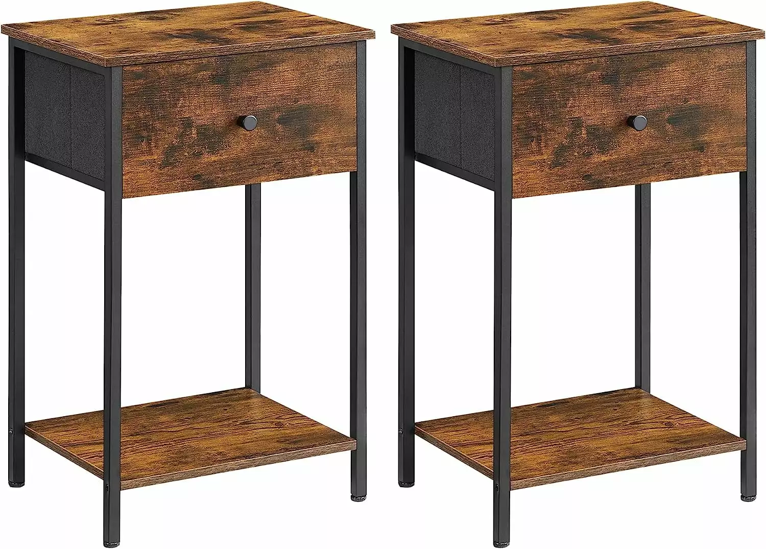 VASAGLE Nightstands Set 2 Side Fabric Drawer 24-Inch Tall End Tables Storage Shelf Rustic Brown Black