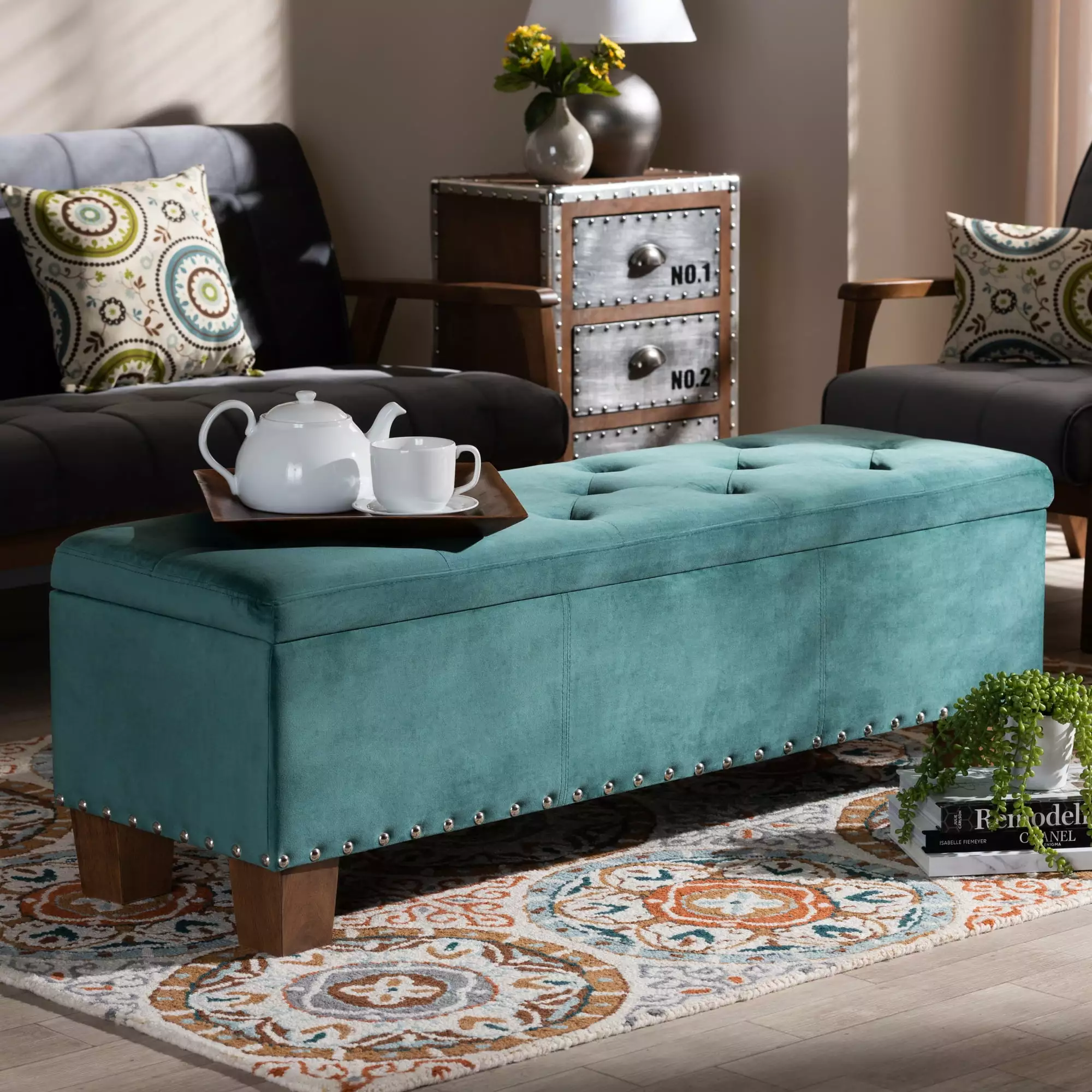 Baxton Studio Hannah Modern Teal Blue Velvet Button-Tufted Storage Ottoman Bench Ottomans