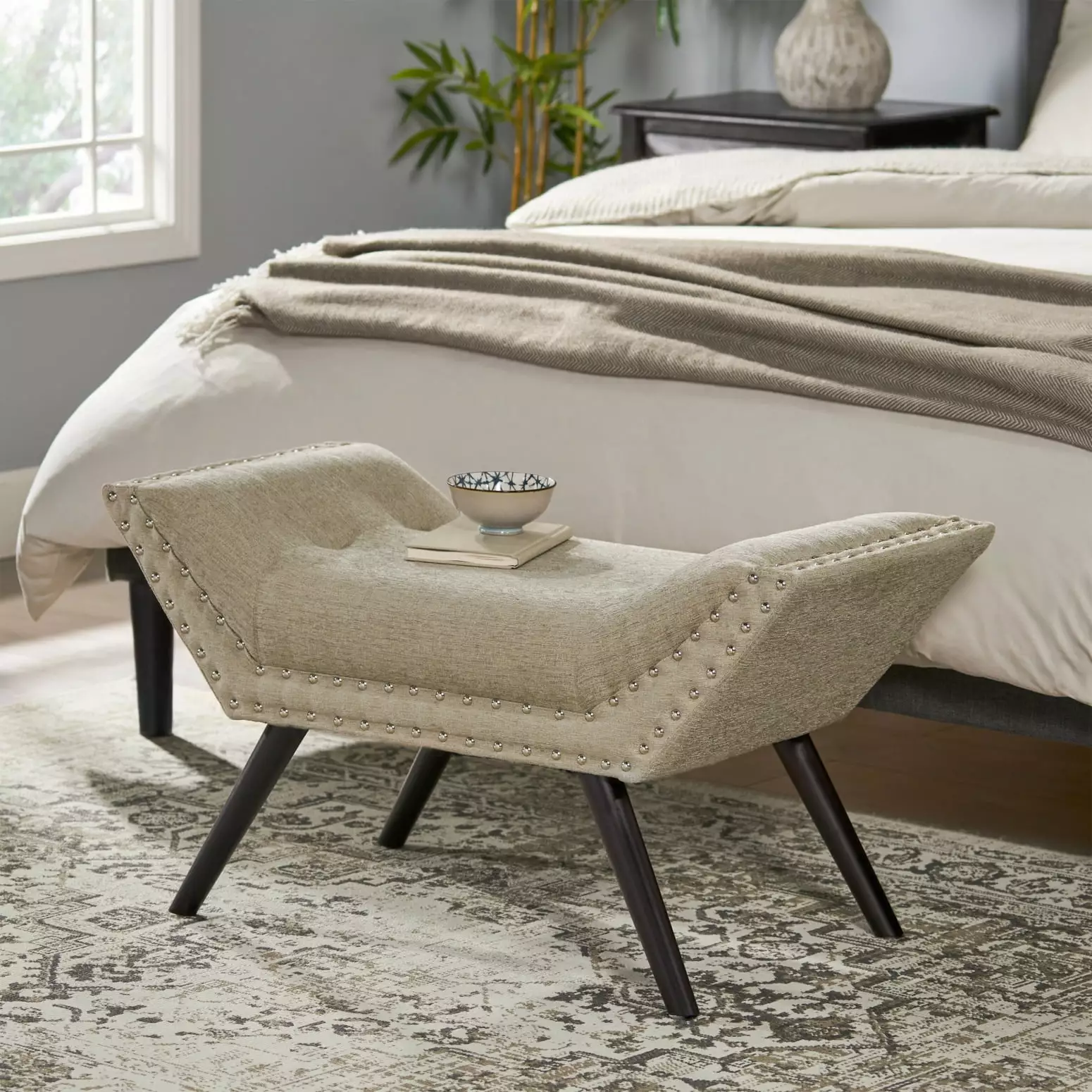 Beige Fabric Ottoman Angled Ends and Studded Nail Accents Living Room or Bedroom Benches LMing