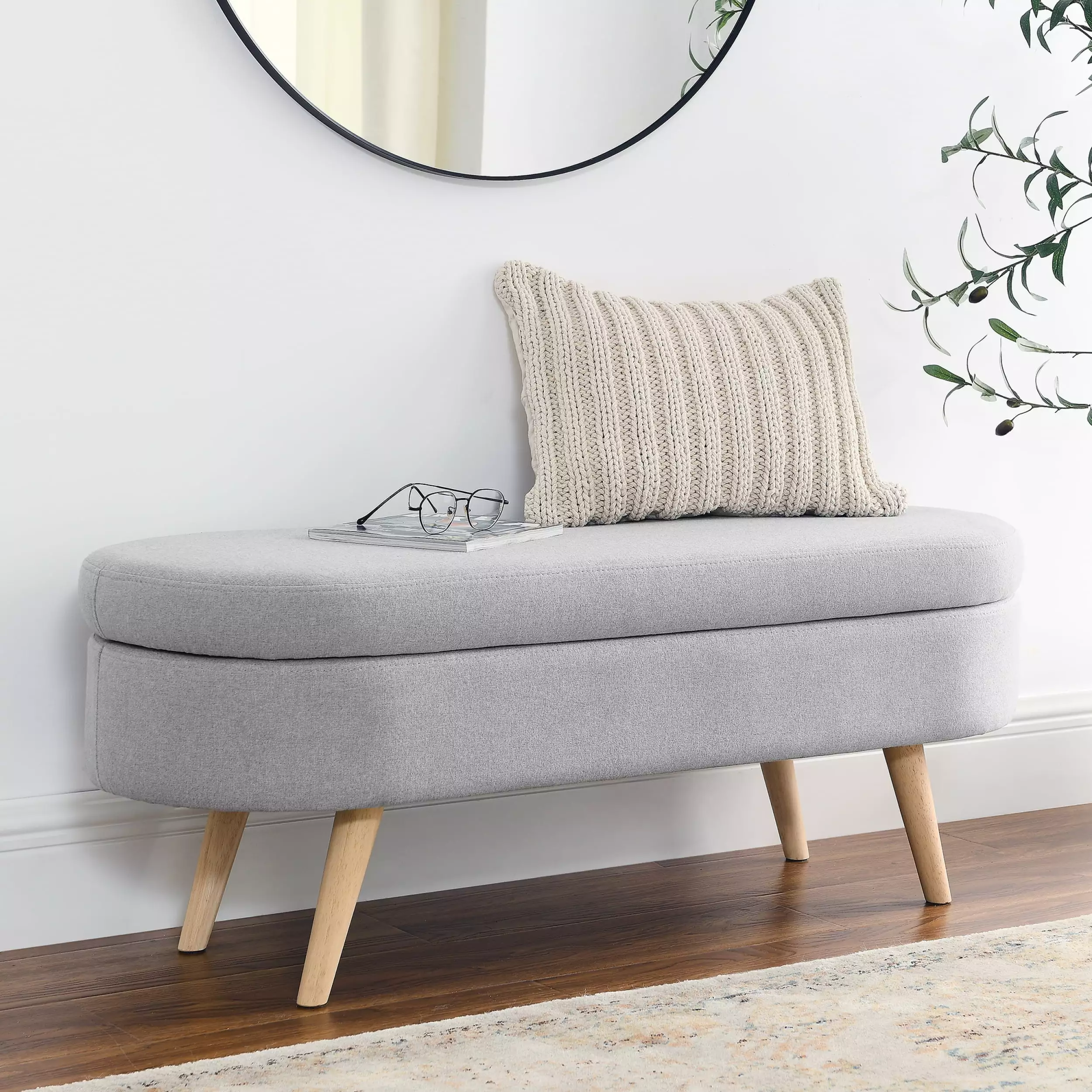 Oval Storage Bench Rubber Wood Legs Grey 43.5x16x16 Inch Ottomans Miekor