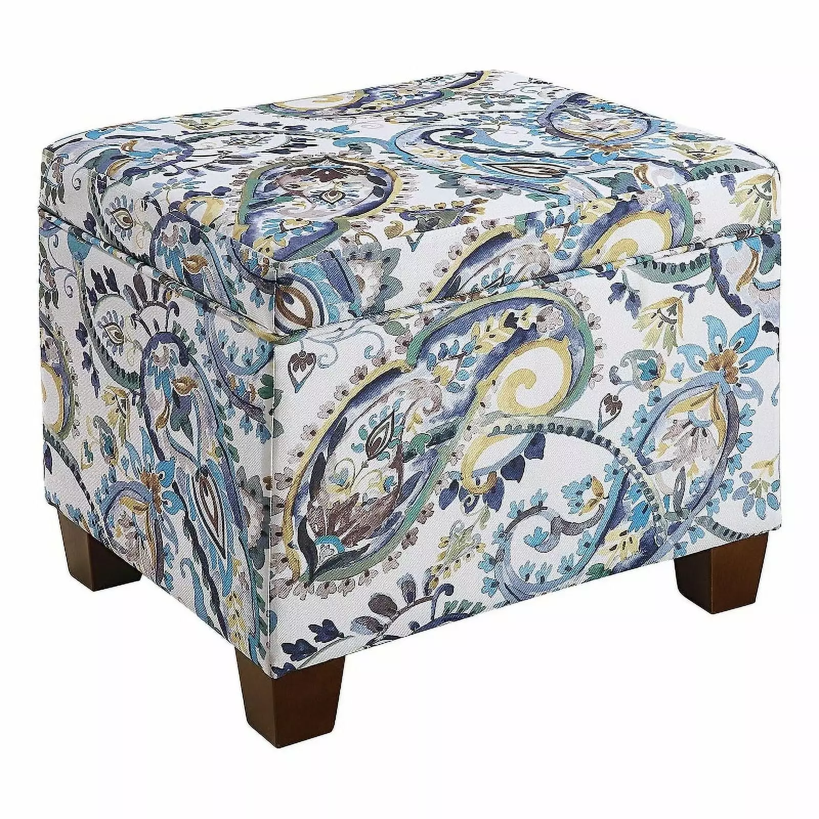 Pemberly Row Blue Print Fabric Storage Ottoman Solid Wood Feet Ottomans