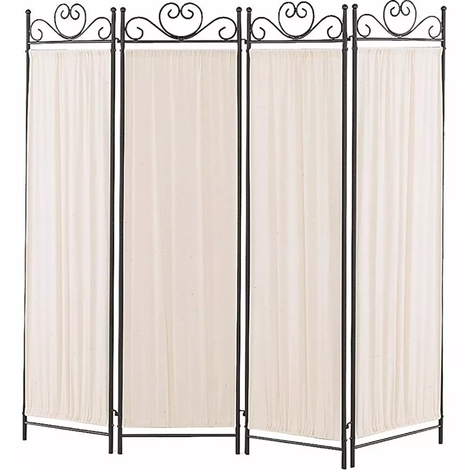 Benzara Black and White Folding Screen Metal Frame and Gathered Fabric Panels