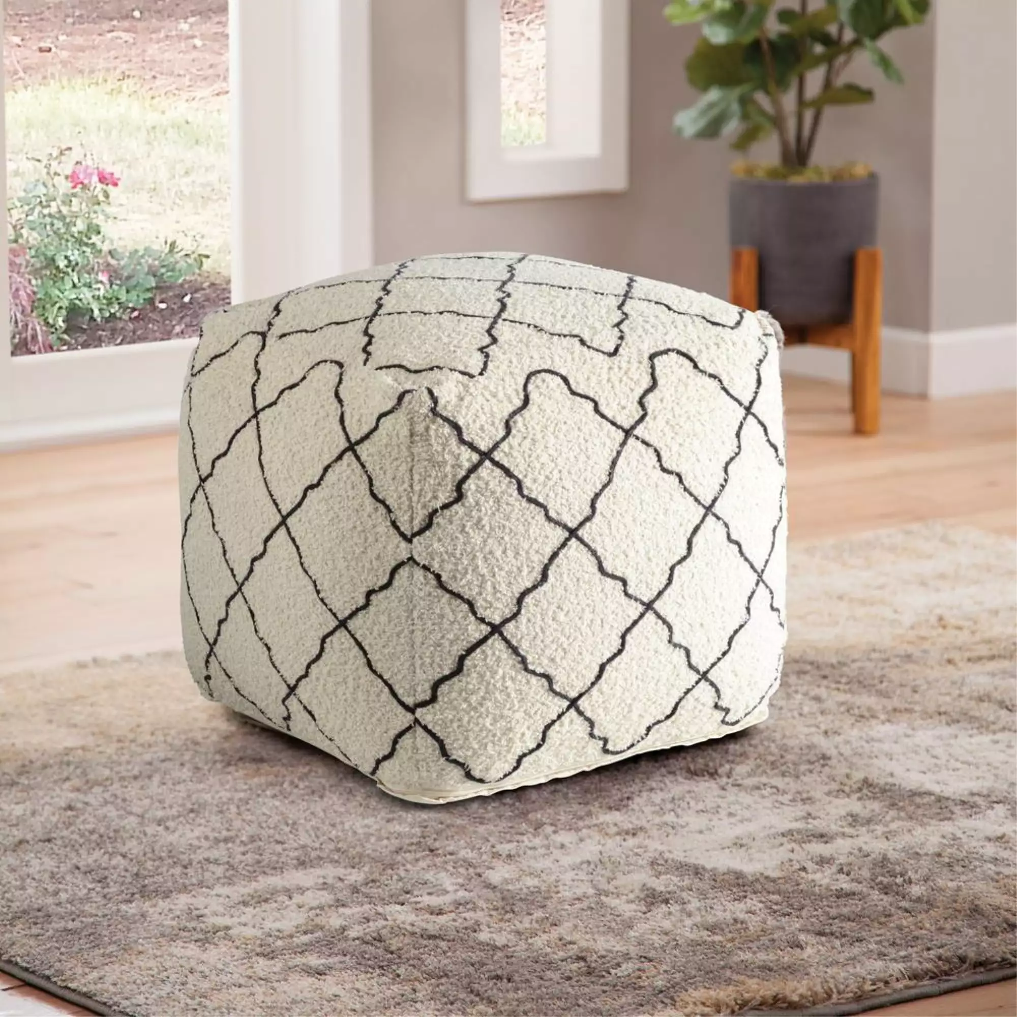 Lattice Cream and Black Square Fabric Pouf Ottoman Living Room Decor Steve Silver