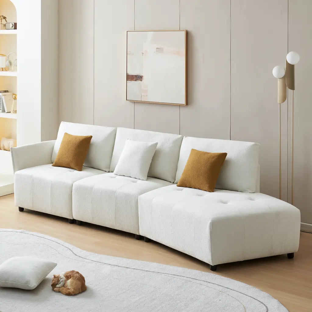DeeHome 120'' Beige Teddy Fabric Modular Sectional Couch Button Tufted Seat