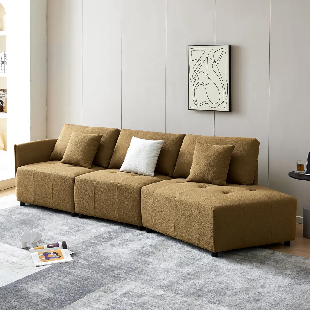 DeeHome 120'' Dark Yellow Teddy Fabric Modular Sectional Couch Button Tufted Seat