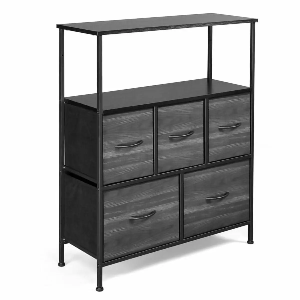5 Drawer Non-Woven Storage Cabinet Top Shelf Cationic Cloth Surface Black Wood Grain 80x30x96.5cm YTTX