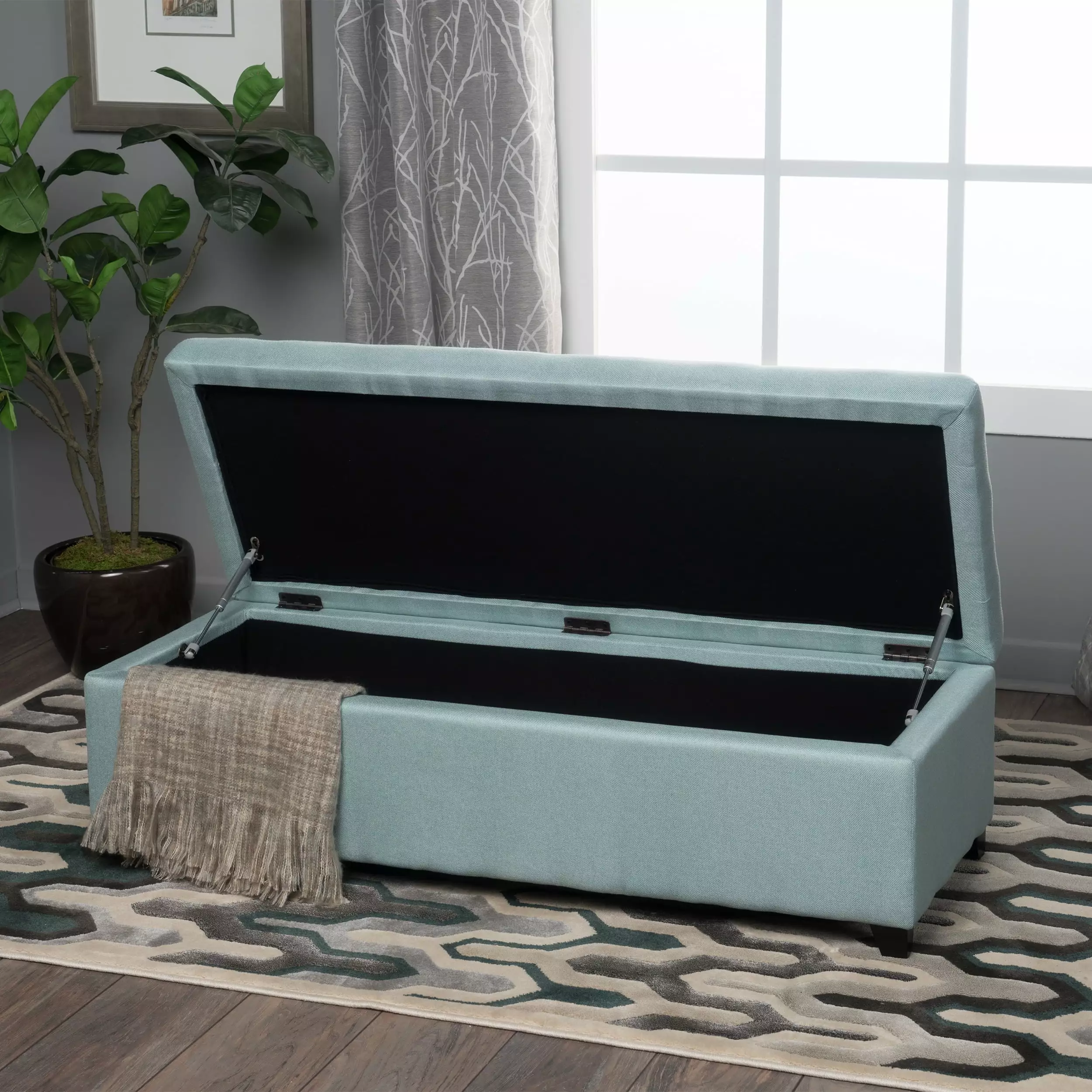 Noble House Hampton Light Blue Fabric Storage Ottoman Stylish Living Room Accent Ottomans