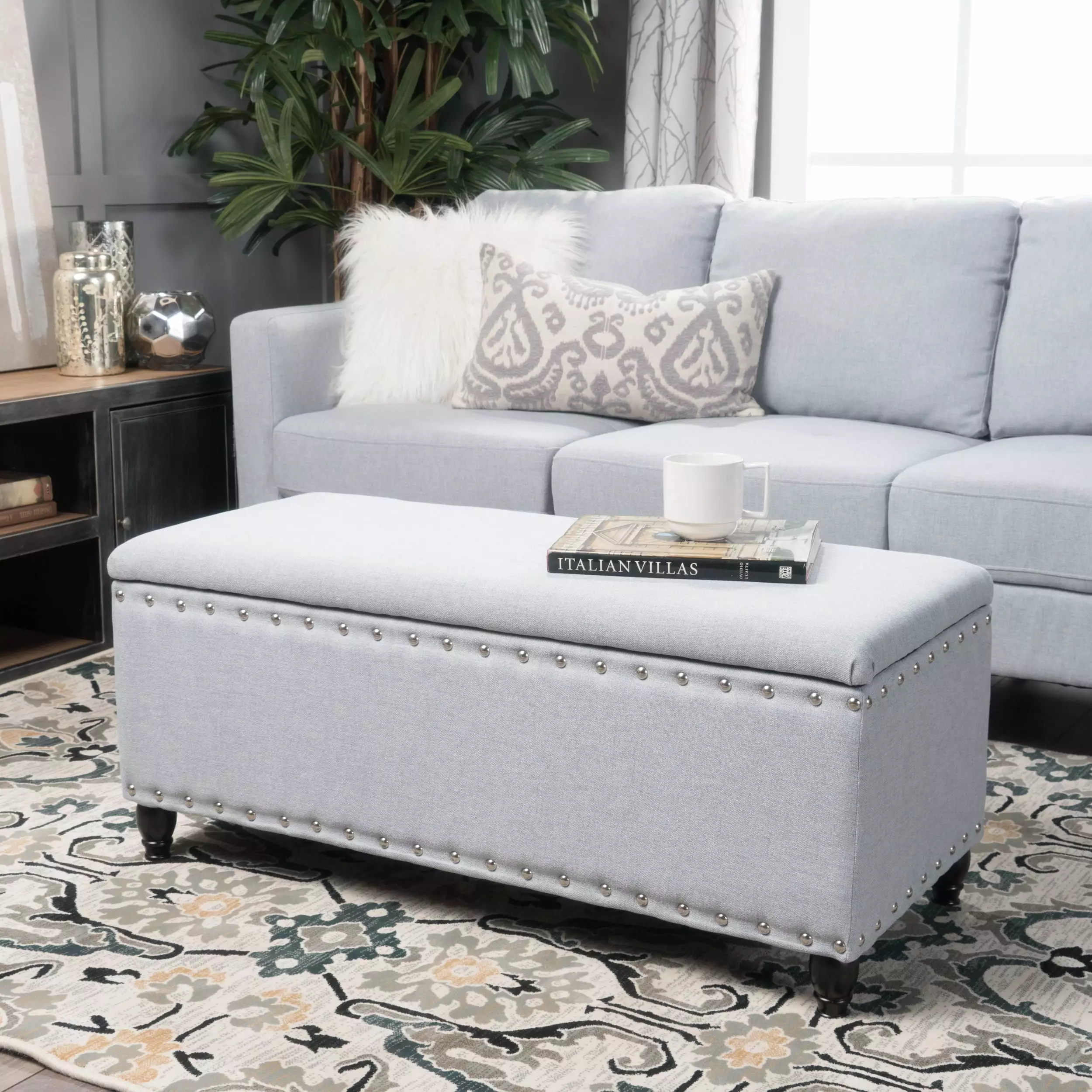 Noble House Harrisburg Fabric Storage Ottoman Light Grey Stylish Footrest Ottomans