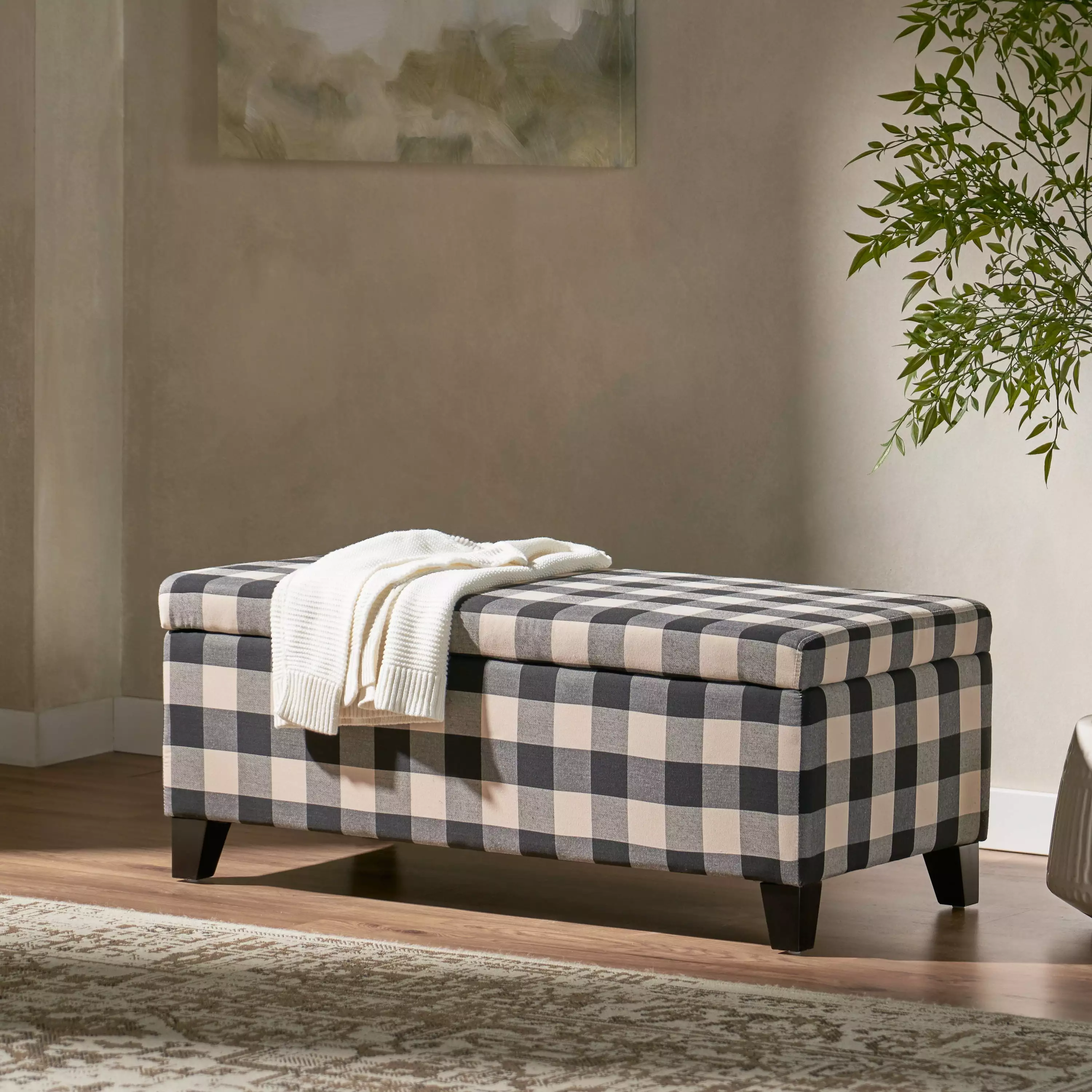 Noble House Mikaela Contemporary Fabric Upholstered Storage Ottoman Black Checkerboard Ottomans