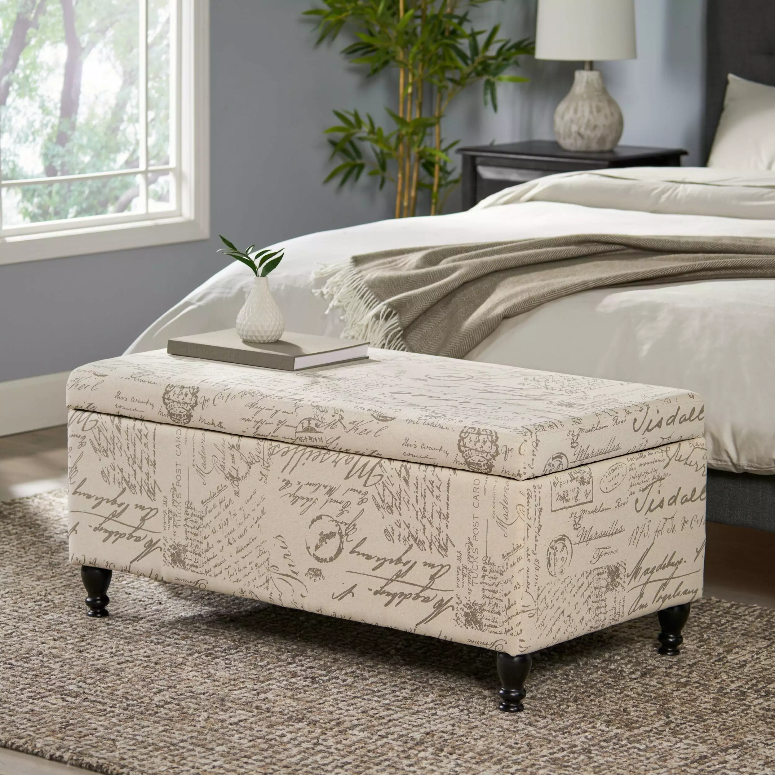 Noble House Phelan Rectangular Fabric Lift Top Storage Ottoman French Script Design Ottomans