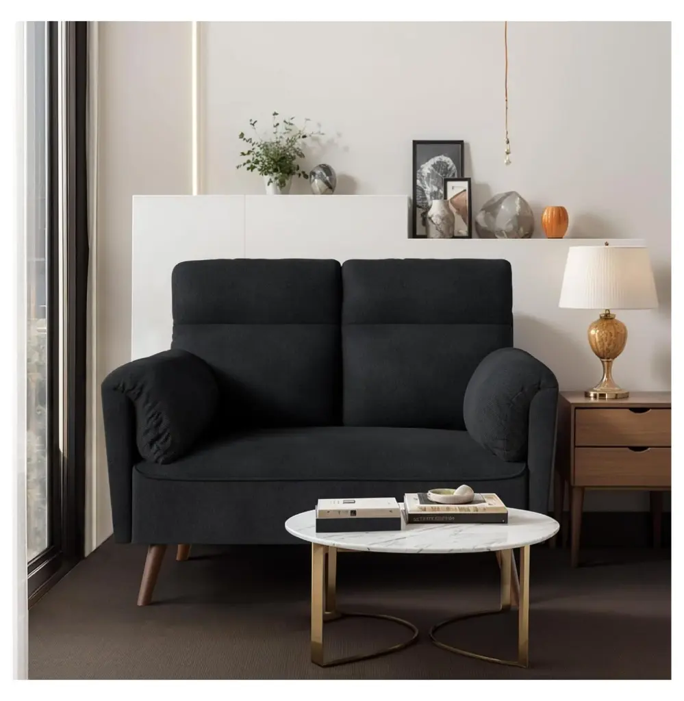 ZHAOTONG 49 Black Modern Linen Loveseat Sofa - High Backrest 2-Seater Wood Legs