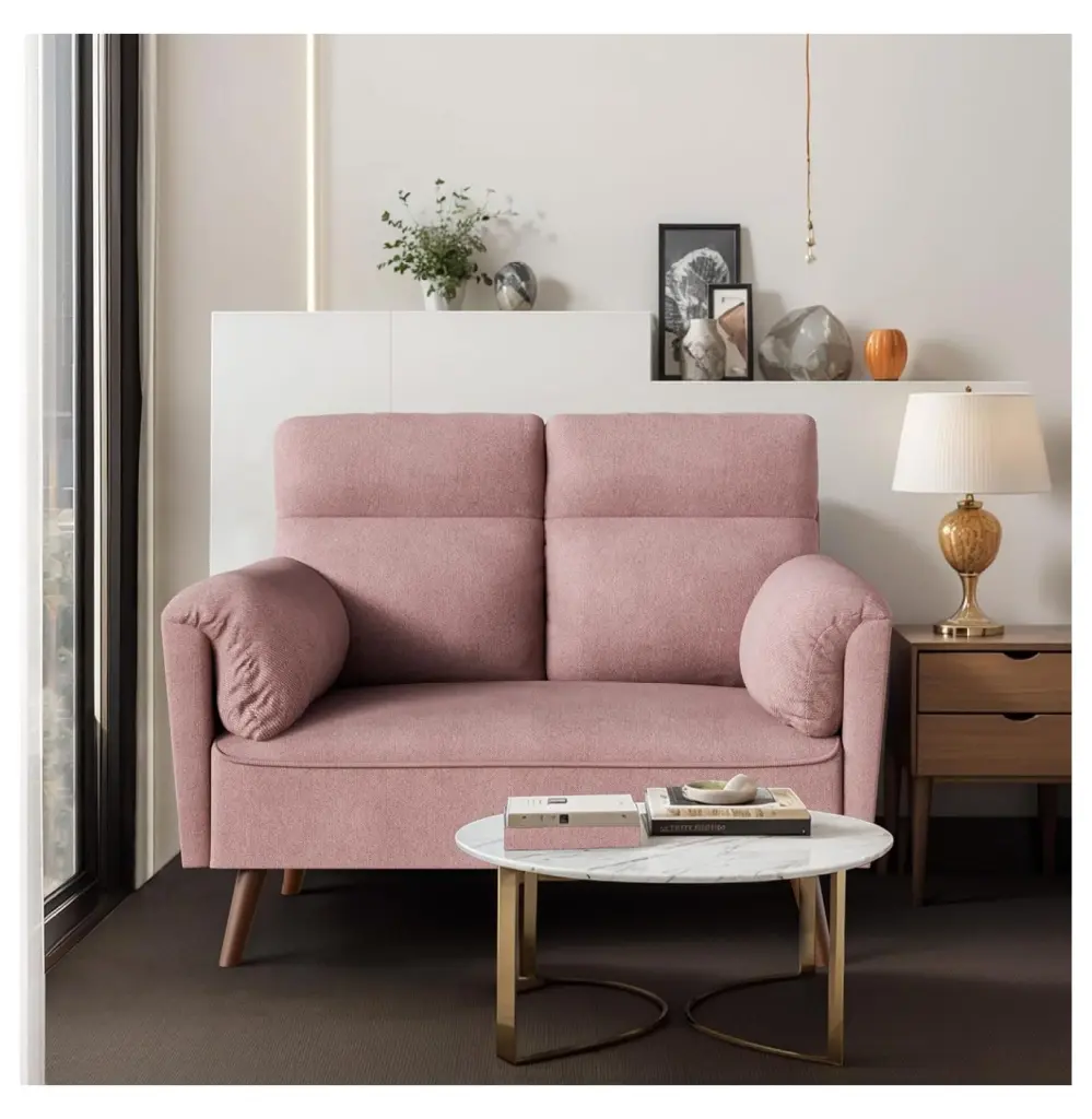 ZHAOTONG 49 Modern Linen Loveseat Sofa - High Backrest 2-Seater Wood Legs Small Spaces