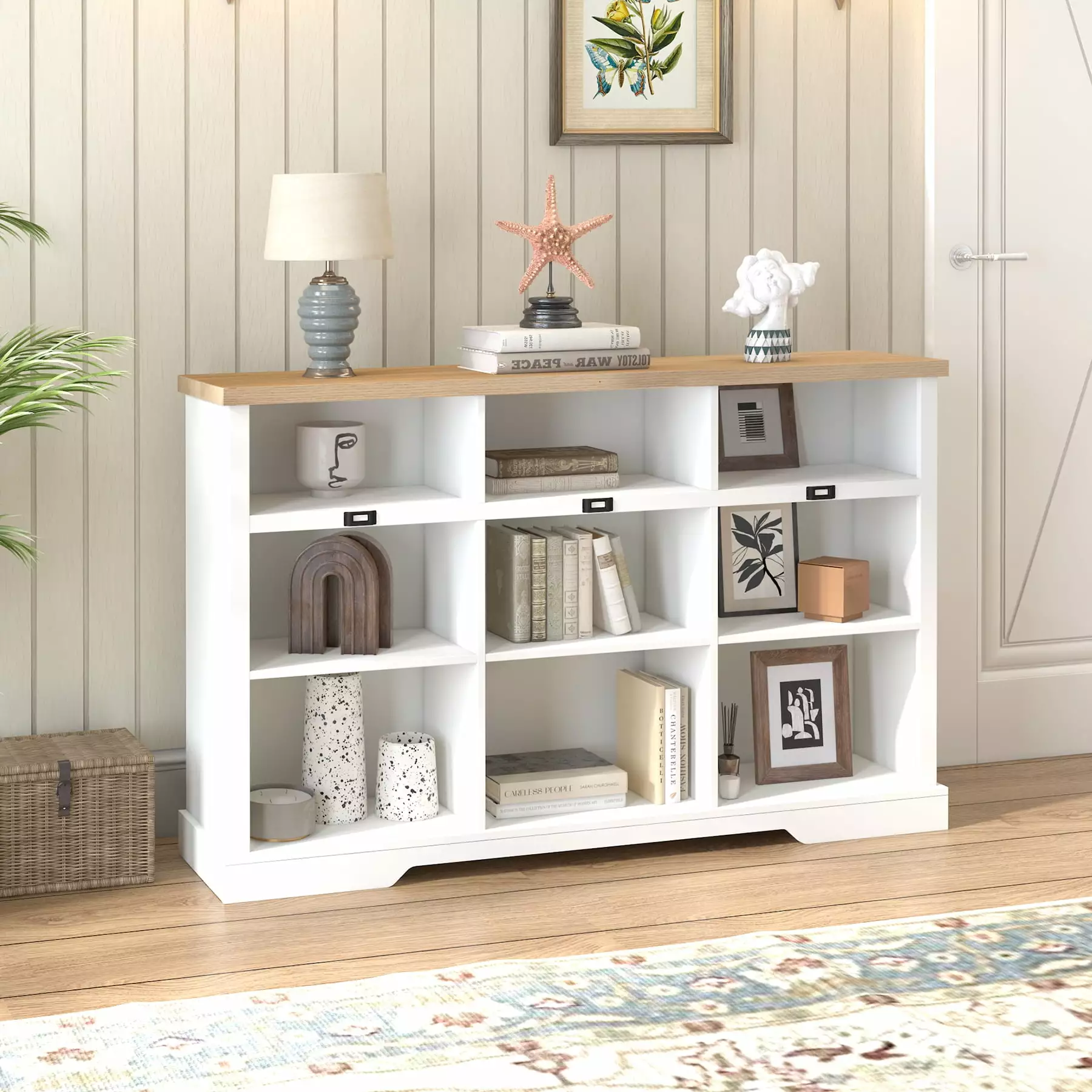 ABBSR Large 58x36.25in. Wooden Bookcases White Farmhouse 9-Cube Storage Organizer Bookstand