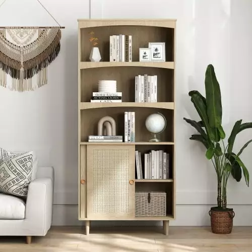 Bookcase 5 Tier Bookshelf Rattan Boho Tall Book Case Shelf Doors Storage Wood Large Bookcases Farmhouse Bookshelves Living...