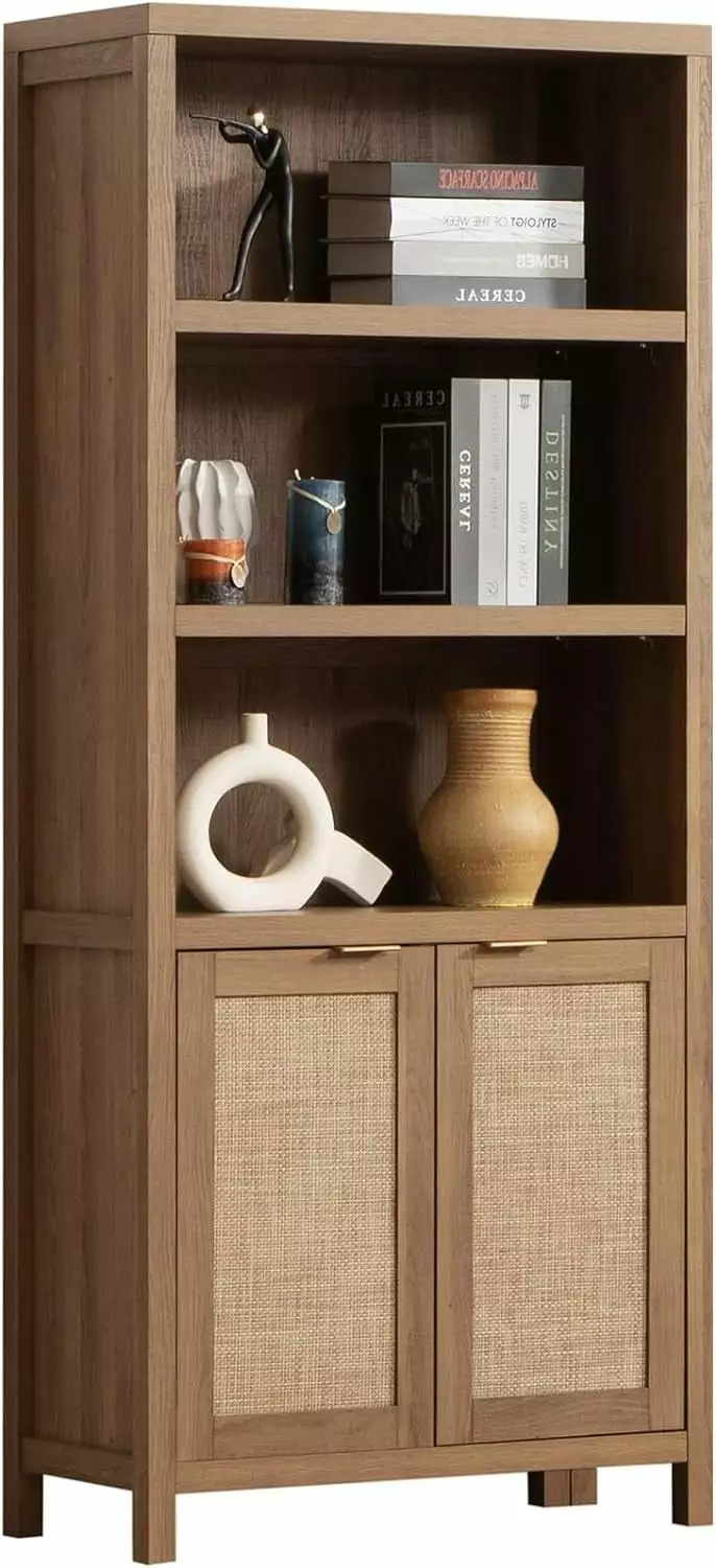 Bookcase 5 Tier Bookshelf Rattan Boho Tall Book Case Shelf Doors Storage Large Wood Bookcases Farmhouse Bookshelves Living...