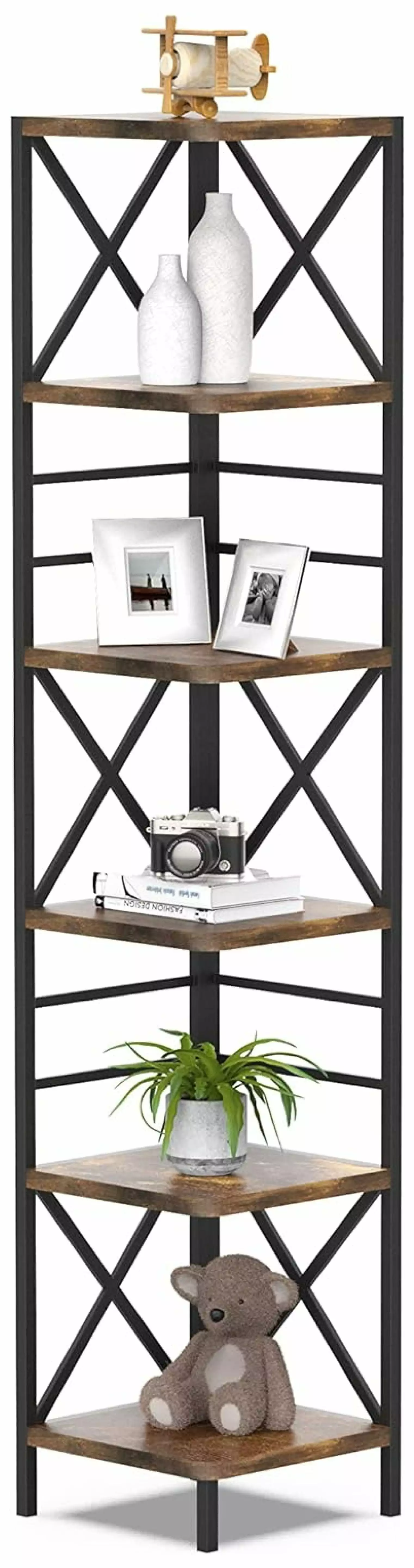 Bennium Corner Bookshelf 6 Shelf Bookcase Farmhouse Book Shelves Century Vintage L Shaped Bookshelf Rustic Brown