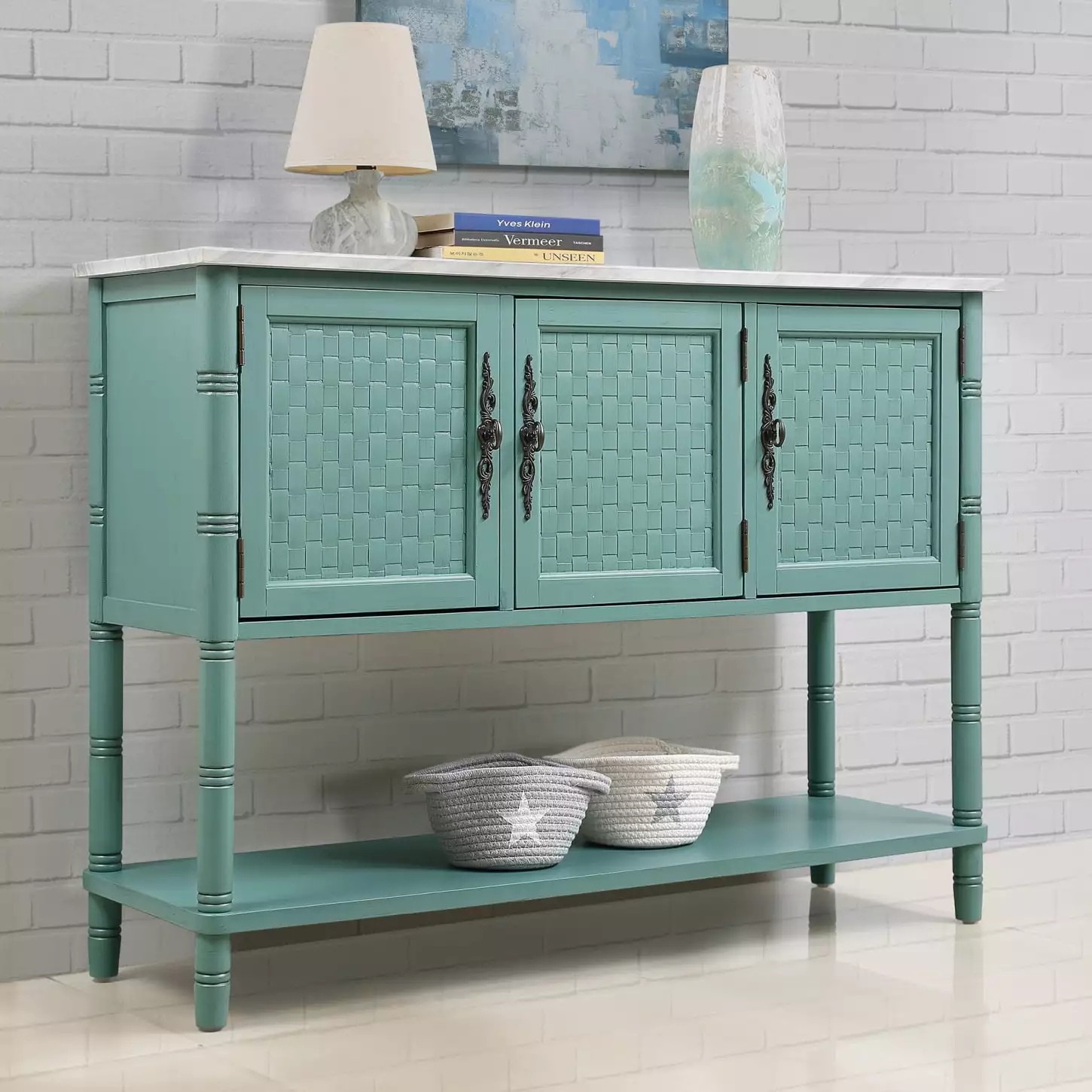 Chic 47 Inch Entryway Table Vibrant Green Artificial Stone-Like Top - Farmhouse Modern Console Table Console HATNOKIL